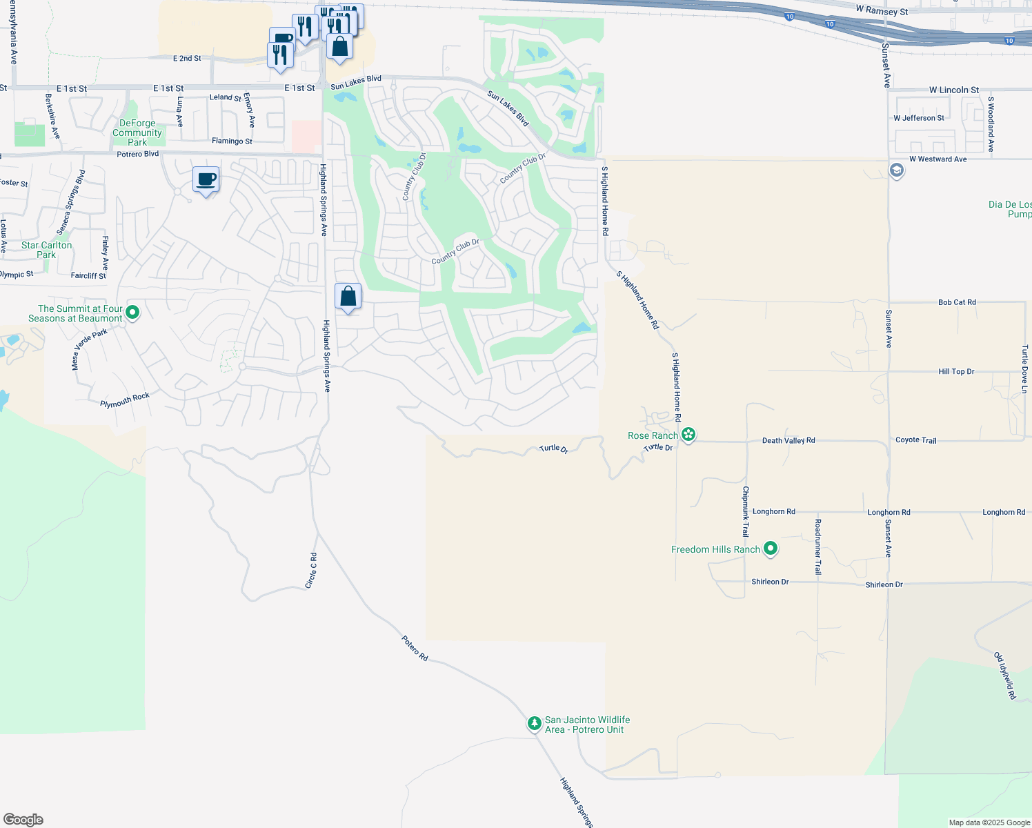 map of restaurants, bars, coffee shops, grocery stores, and more near 2214 Birdie Drive in Banning
