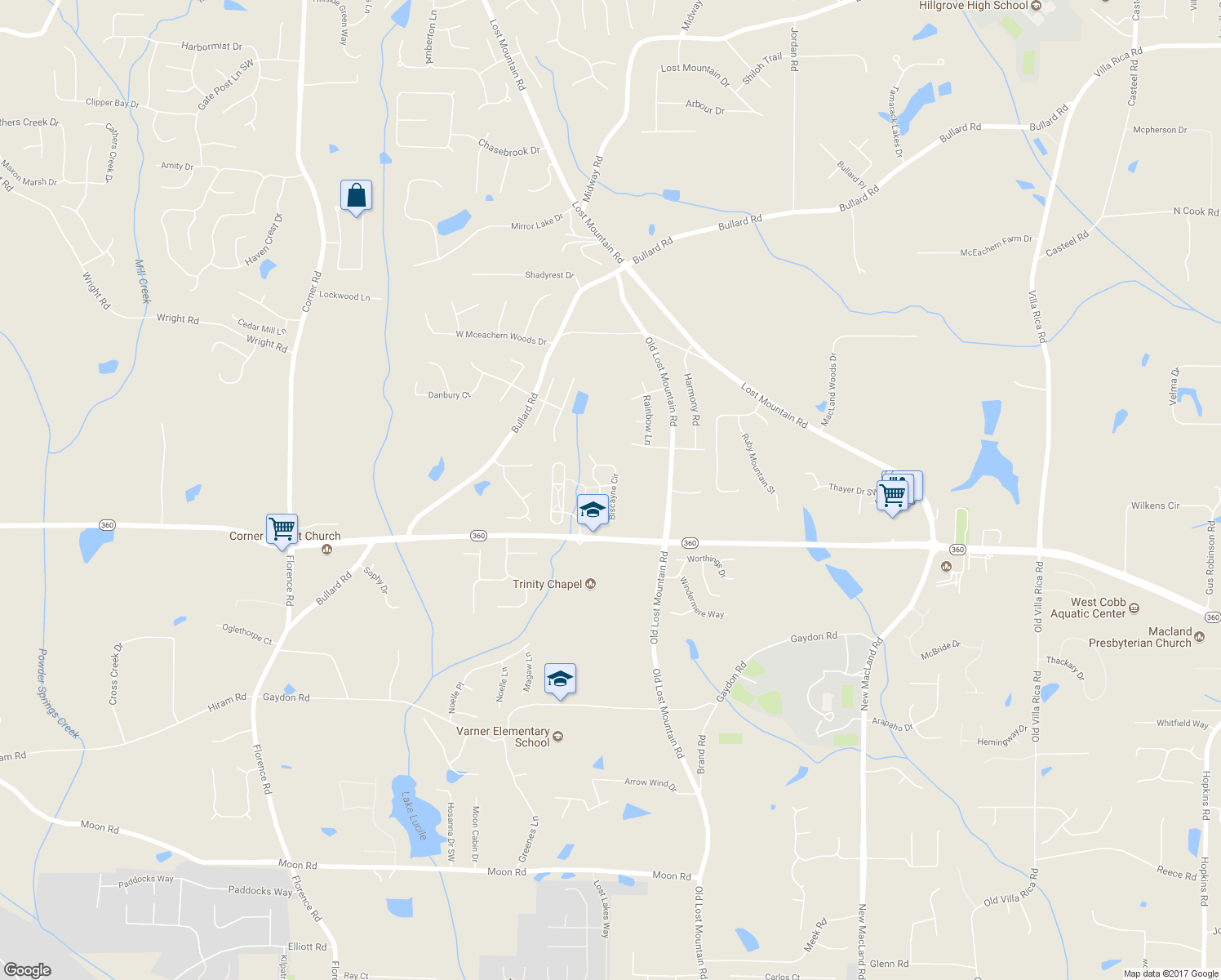 map of restaurants, bars, coffee shops, grocery stores, and more near 2058 Bonneville Lane in Powder Springs