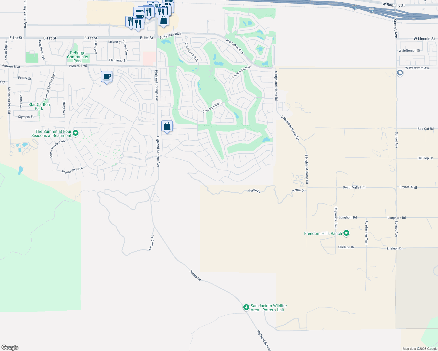 map of restaurants, bars, coffee shops, grocery stores, and more near 5025 Vintage Circle in Banning