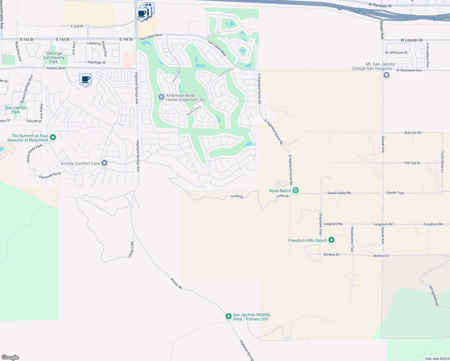 map of restaurants, bars, coffee shops, grocery stores, and more near 2196 Birdie Drive in Banning