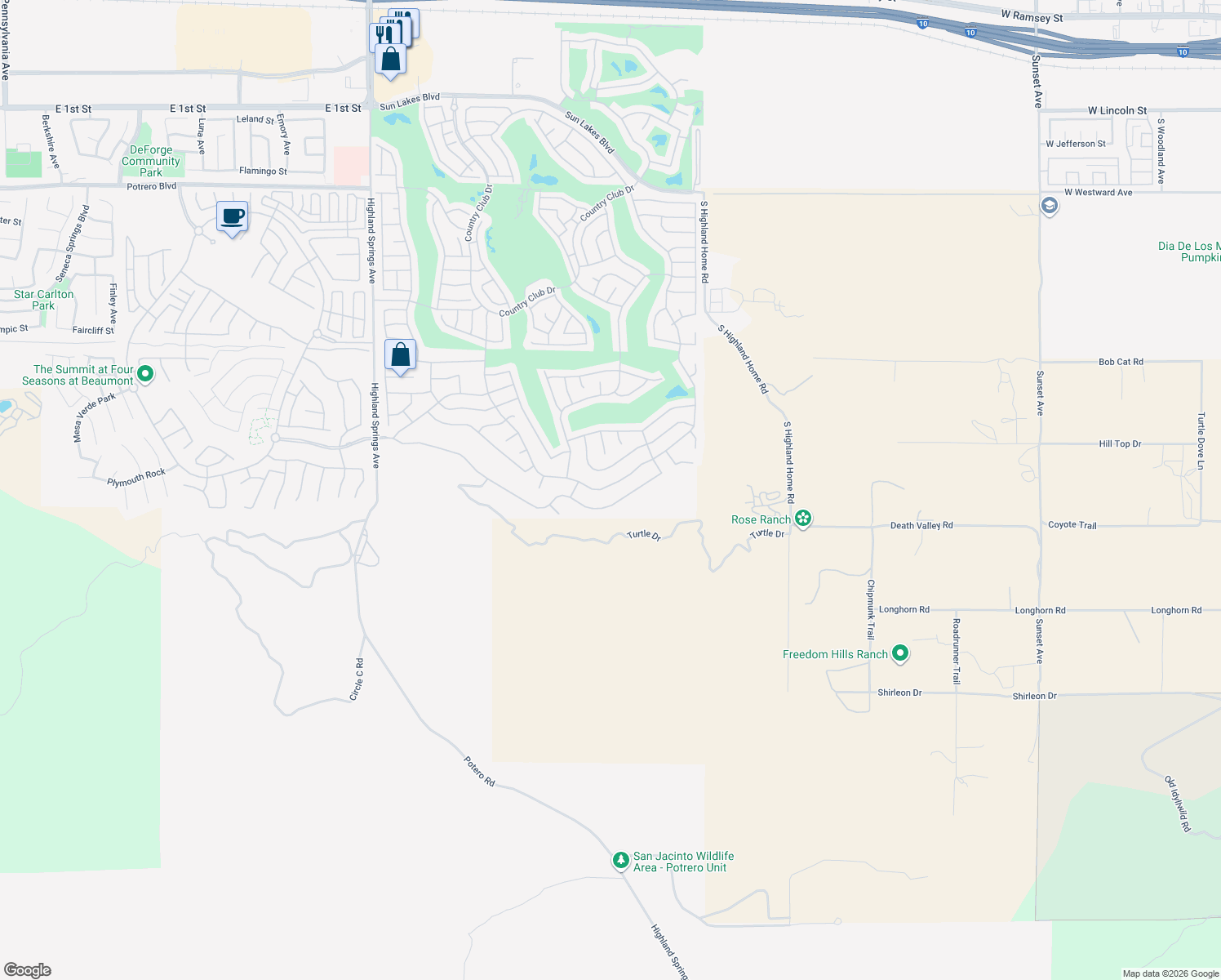 map of restaurants, bars, coffee shops, grocery stores, and more near 2196 Birdie Drive in Banning