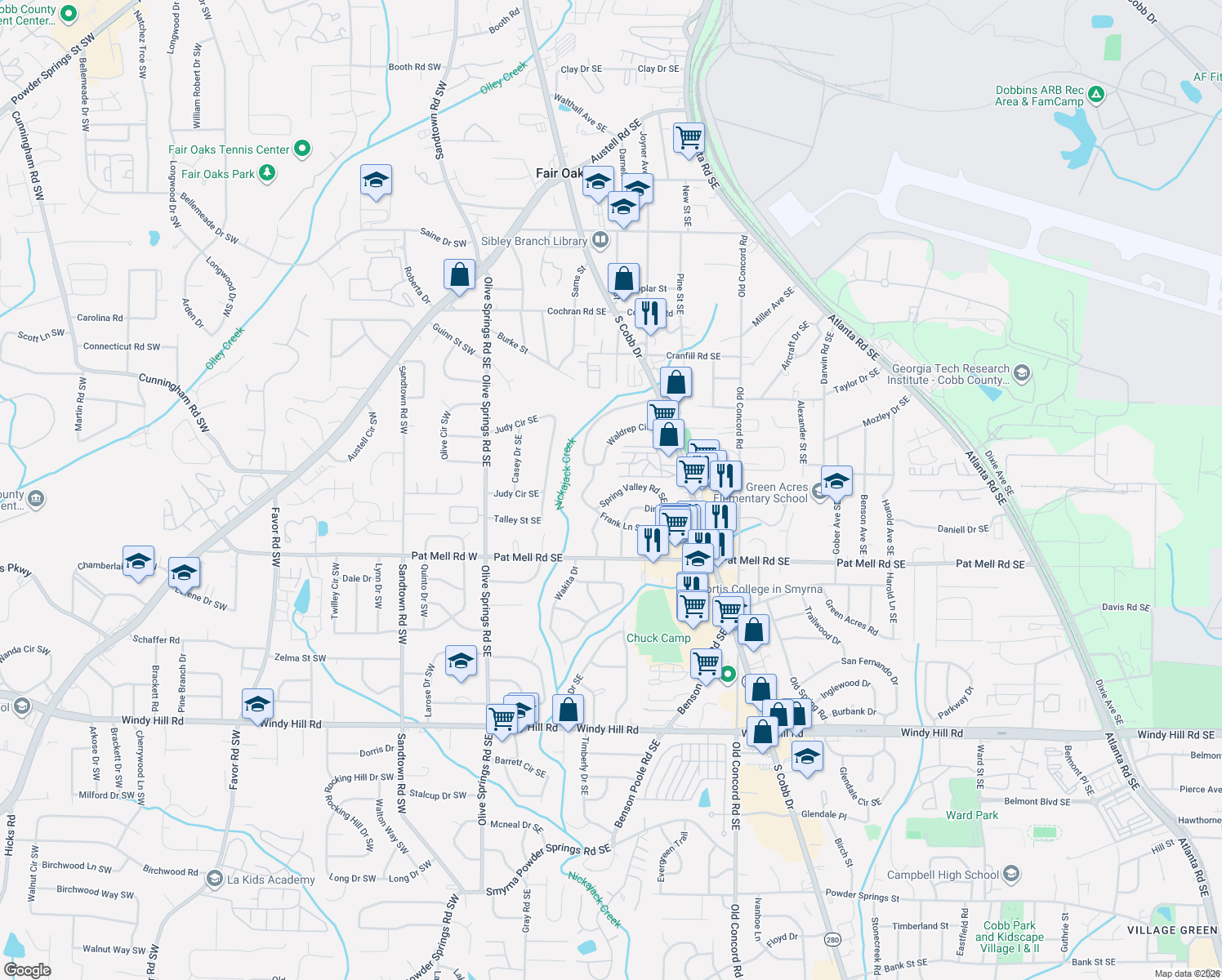 map of restaurants, bars, coffee shops, grocery stores, and more near 211 Spring Valley Road Southeast in Marietta
