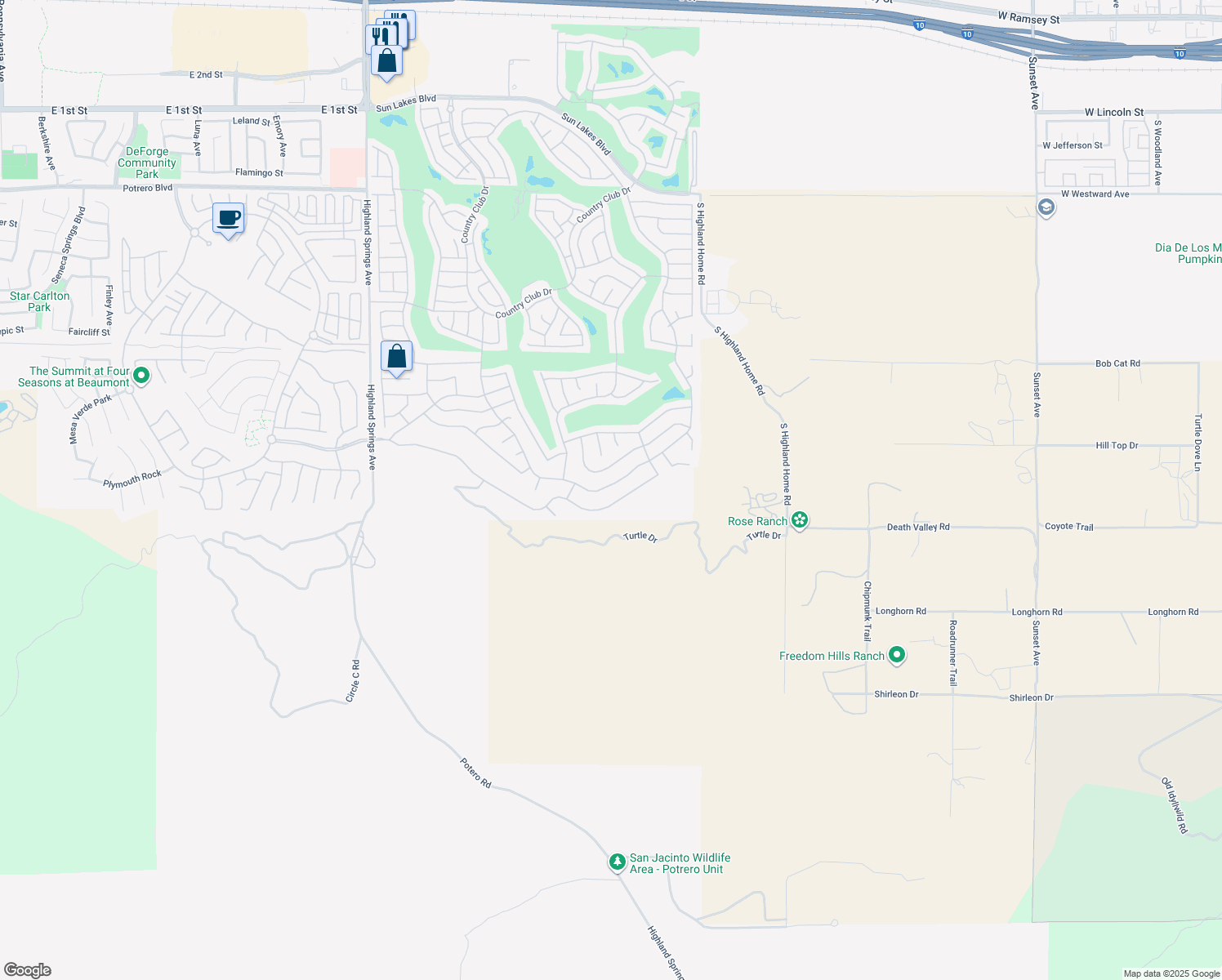 map of restaurants, bars, coffee shops, grocery stores, and more near 2188 Birdie Drive in Banning