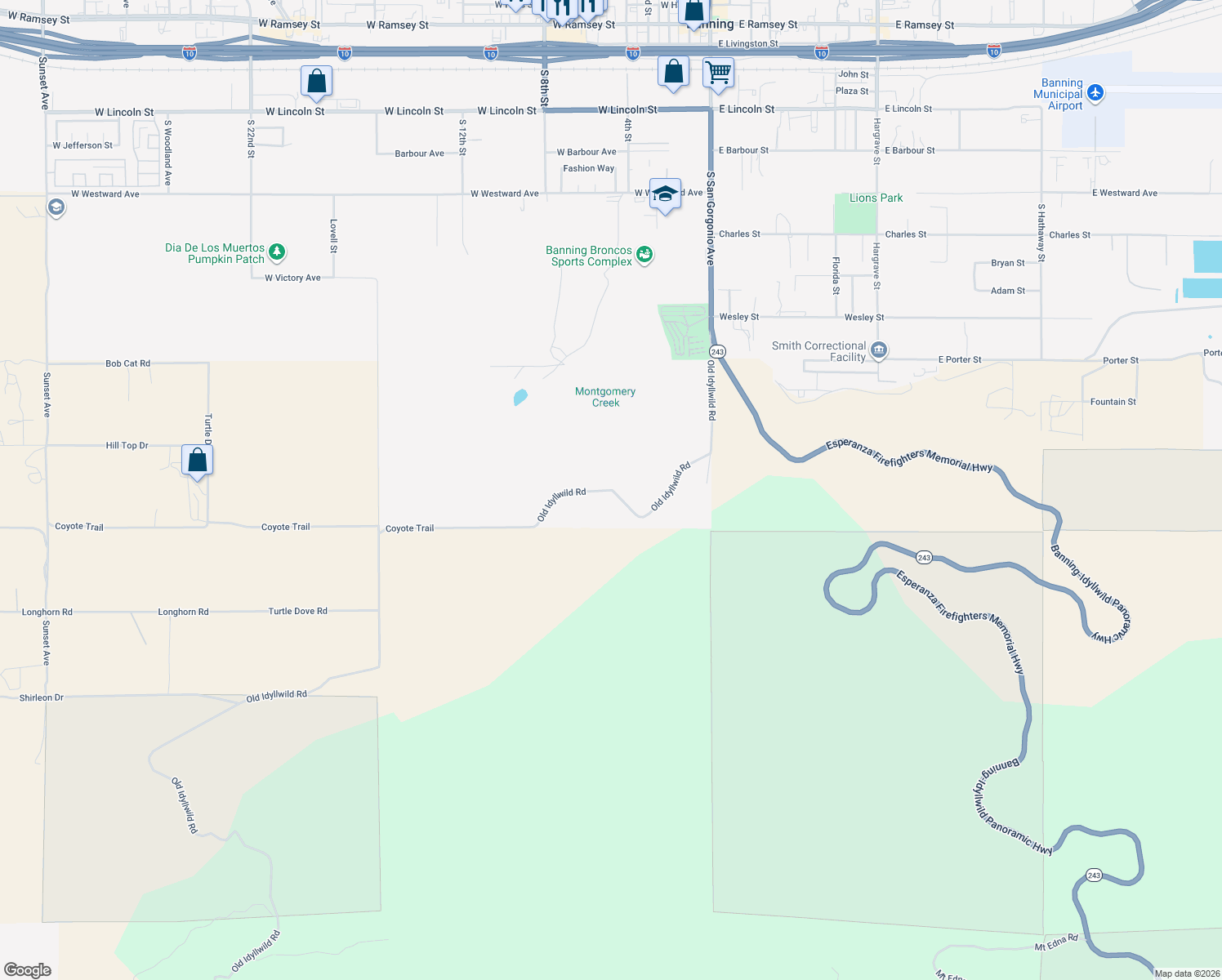 map of restaurants, bars, coffee shops, grocery stores, and more near Old Idyllwild Road in Banning