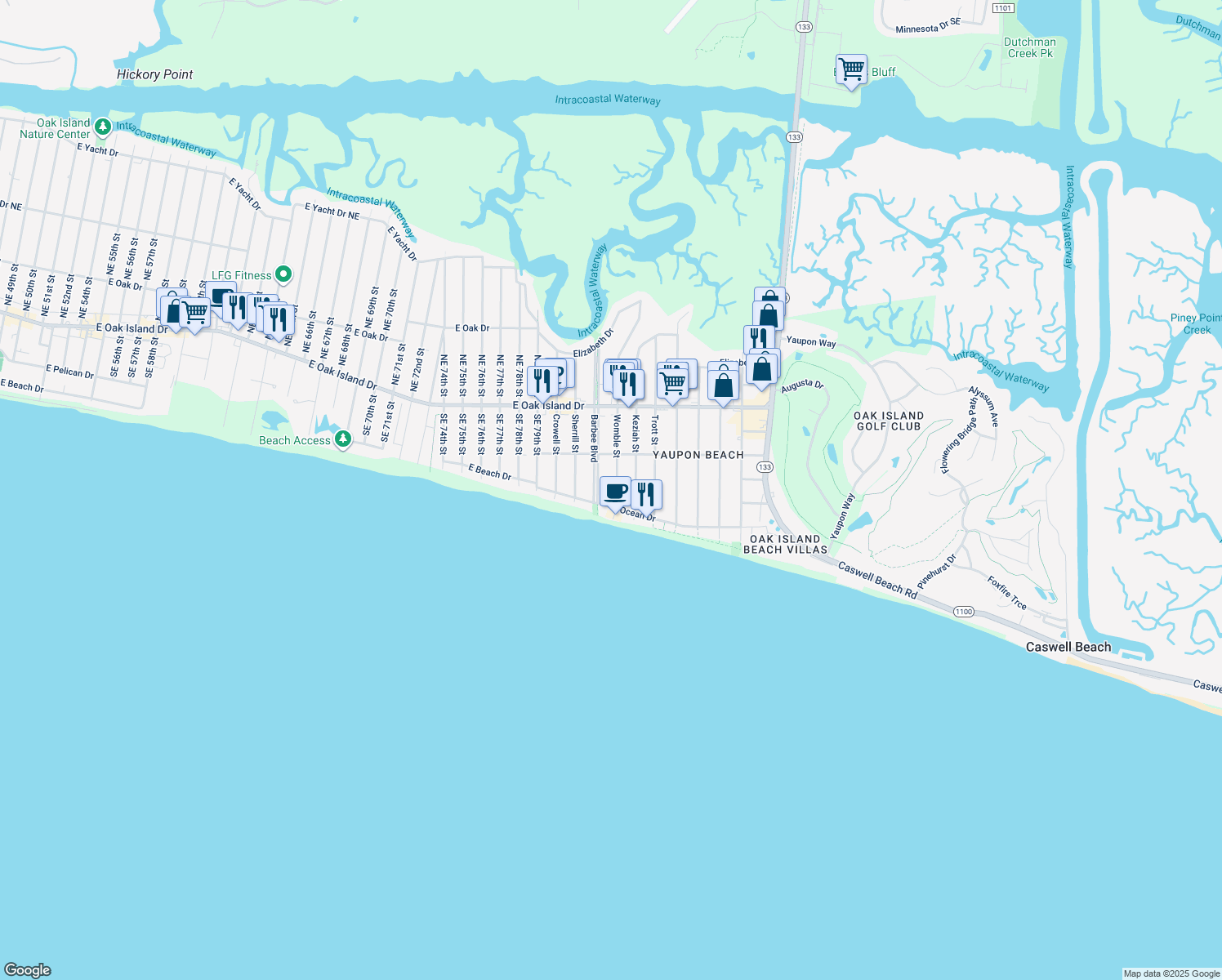 map of restaurants, bars, coffee shops, grocery stores, and more near 205 Womble Street in Oak Island