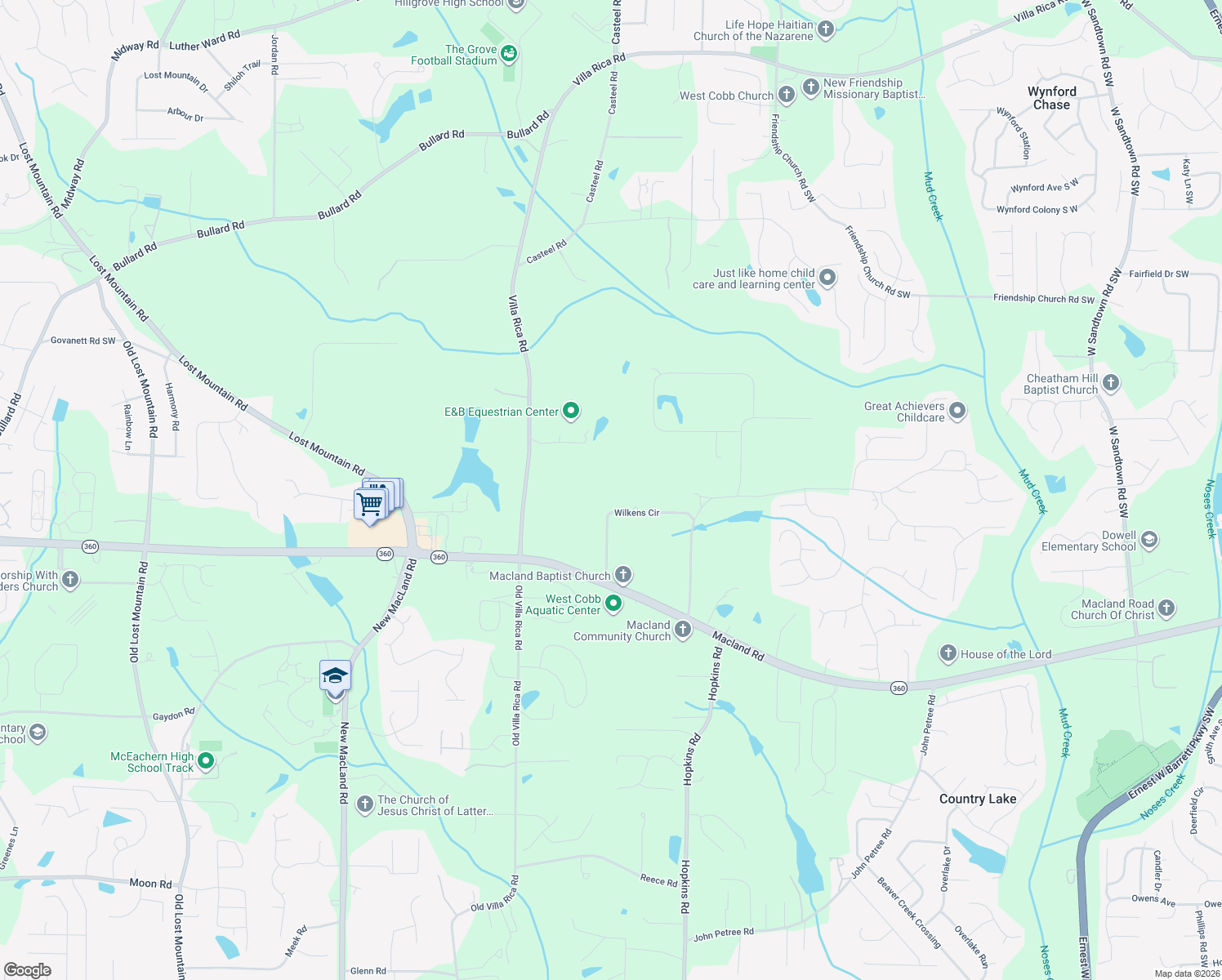 map of restaurants, bars, coffee shops, grocery stores, and more near 3724 Wilkins Cir in Powder Springs