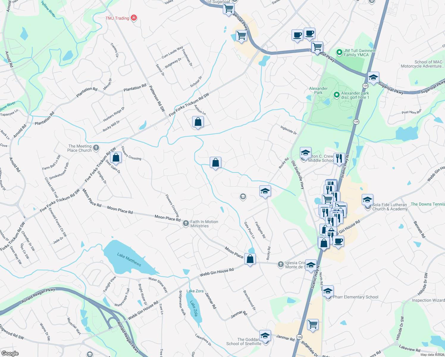 map of restaurants, bars, coffee shops, grocery stores, and more near 1749 Creek Mill Trce in Lawrenceville