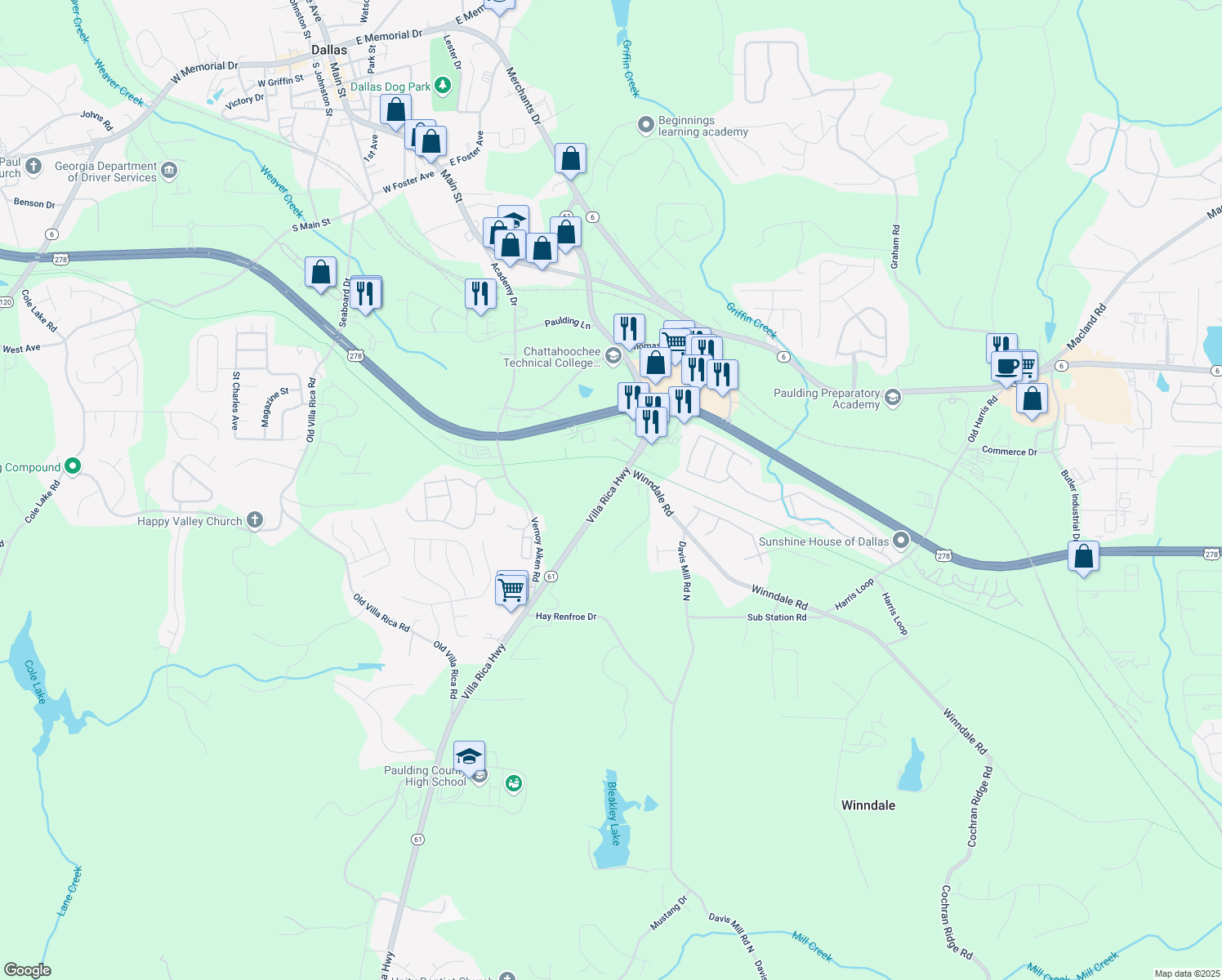map of restaurants, bars, coffee shops, grocery stores, and more near 283 Villa Rica Highway in Dallas