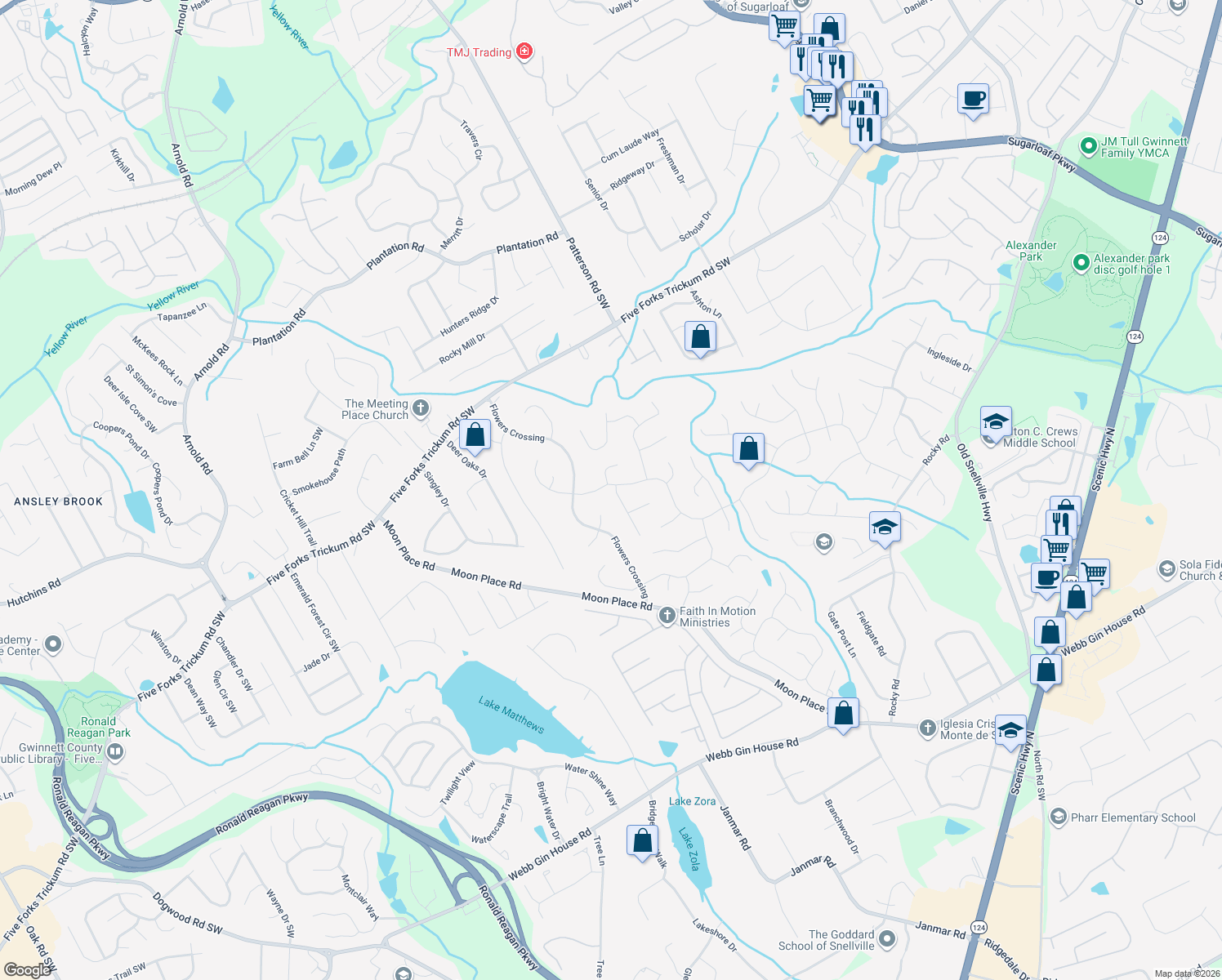 map of restaurants, bars, coffee shops, grocery stores, and more near 901 Providence Drive in Lawrenceville