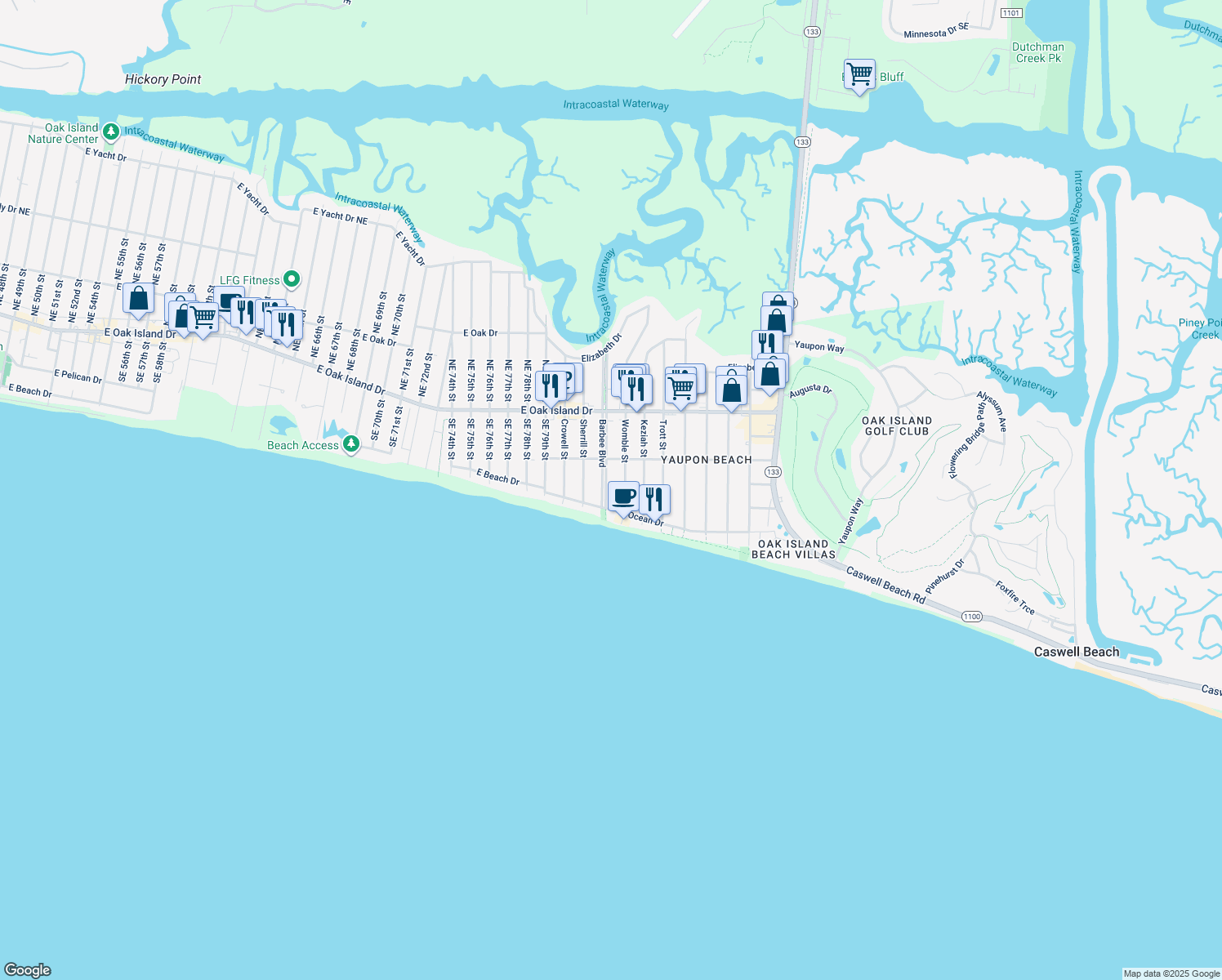 map of restaurants, bars, coffee shops, grocery stores, and more near 204 Barbee Boulevard in Oak Island