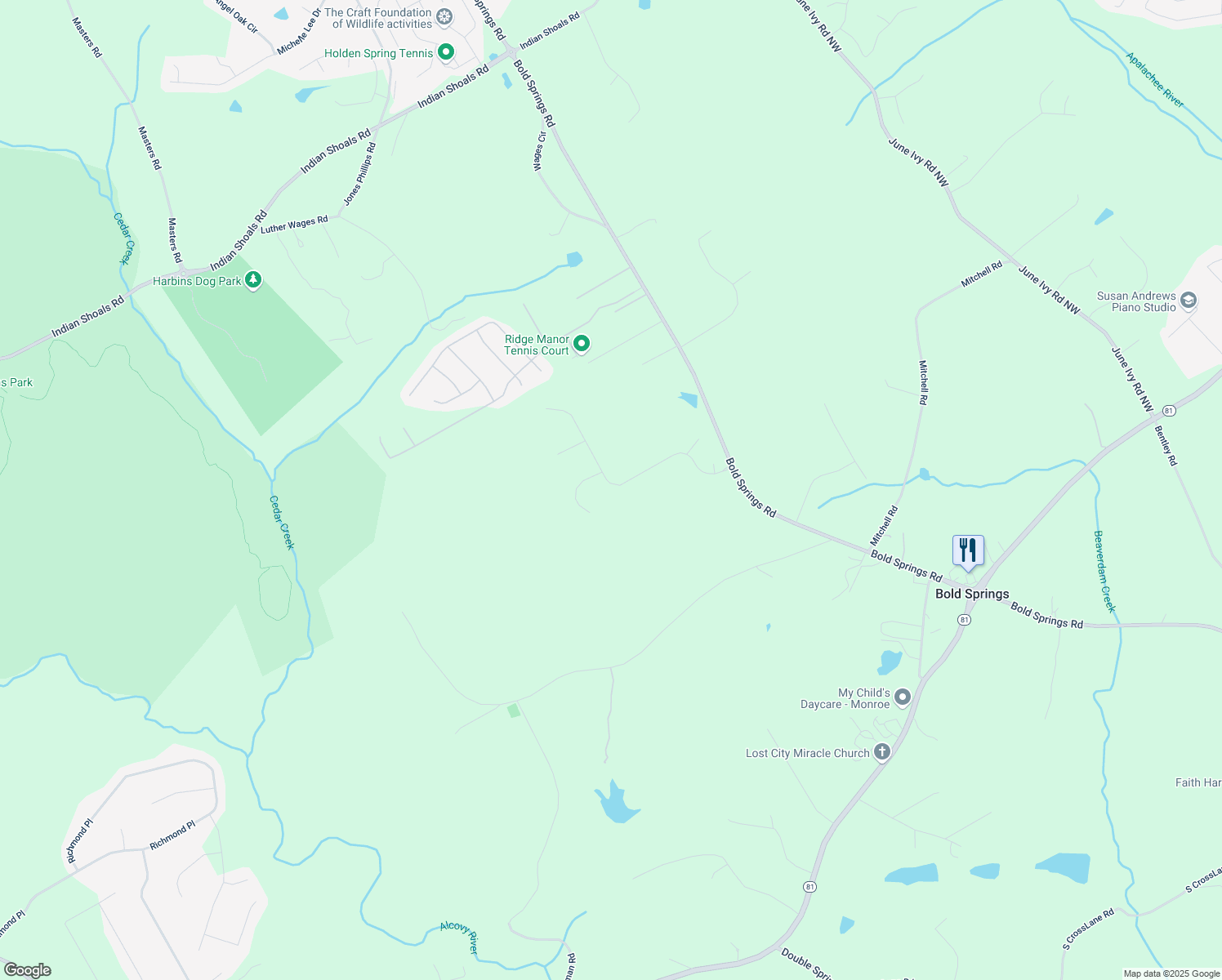 map of restaurants, bars, coffee shops, grocery stores, and more near 294 Ralph Still Road in Walton County
