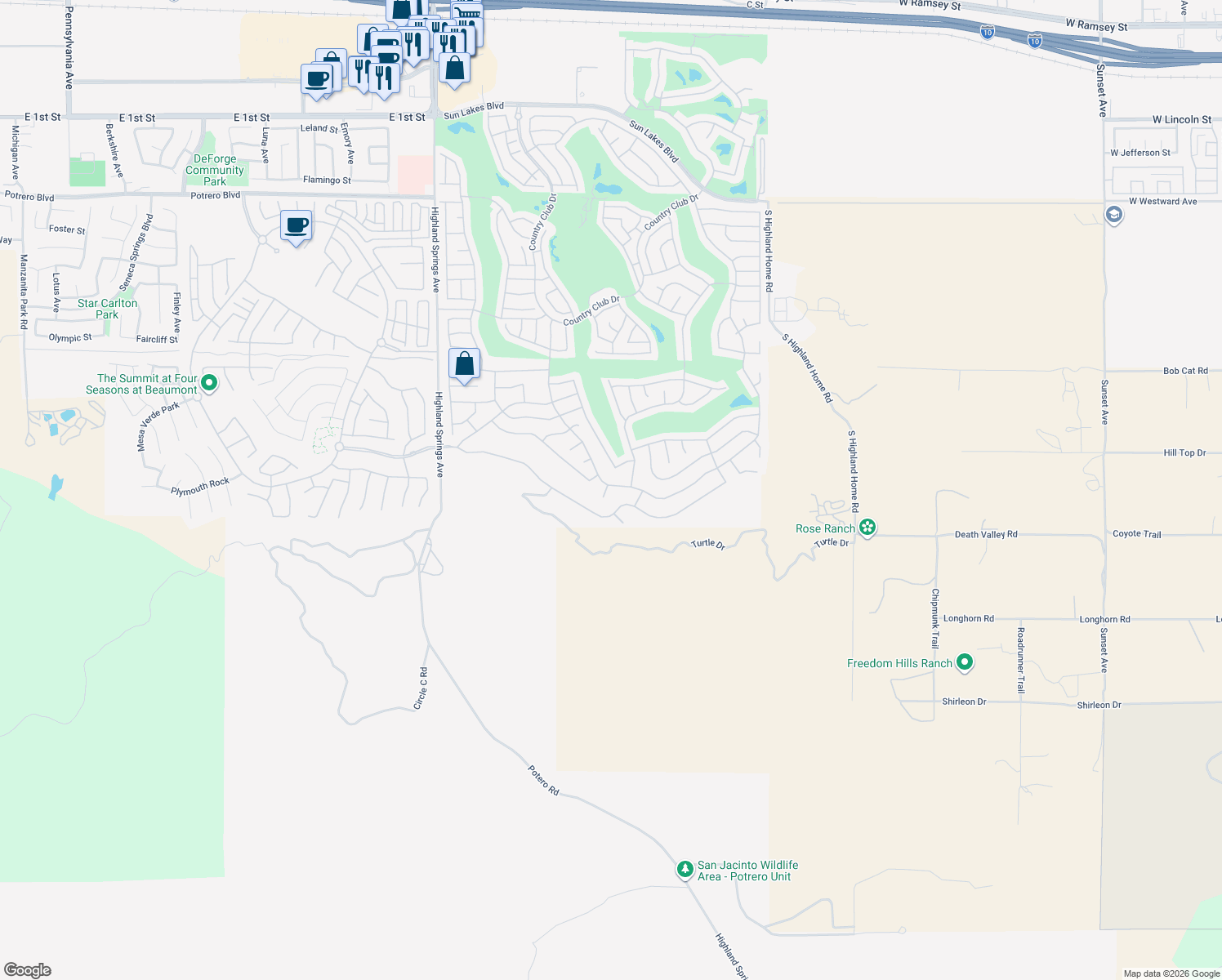 map of restaurants, bars, coffee shops, grocery stores, and more near 5001 Vintage Circle in Banning