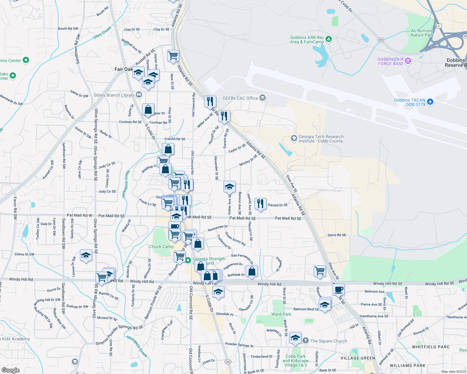 map of restaurants, bars, coffee shops, grocery stores, and more near 638 Medford Place Southeast in Smyrna