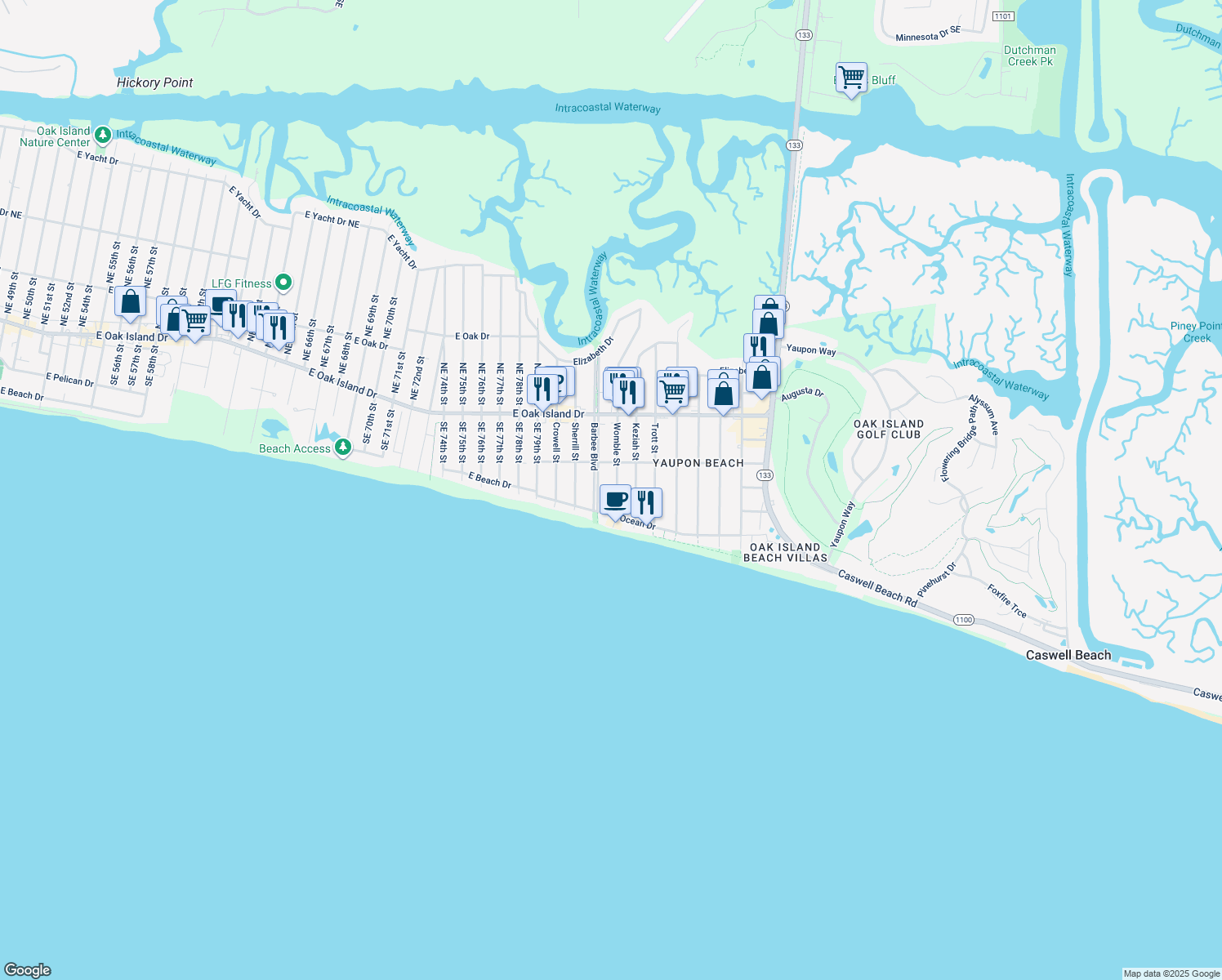 map of restaurants, bars, coffee shops, grocery stores, and more near 209 Womble Street in Oak Island