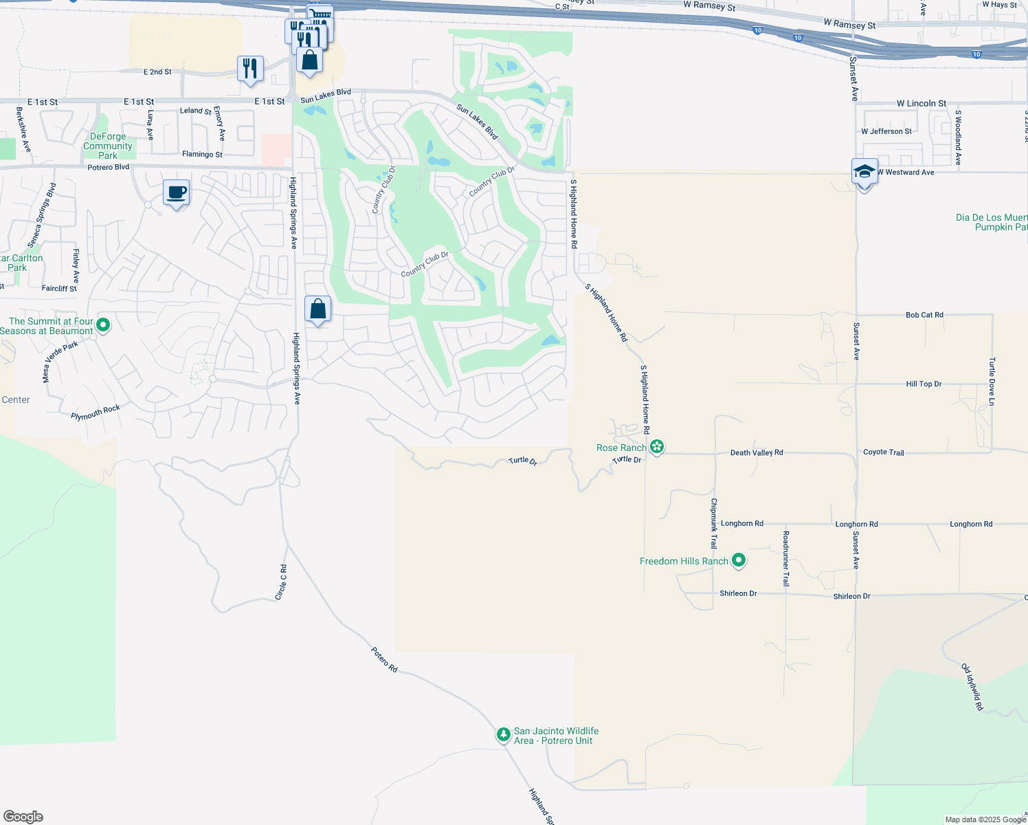 map of restaurants, bars, coffee shops, grocery stores, and more near 2148 Birdie Drive in Banning