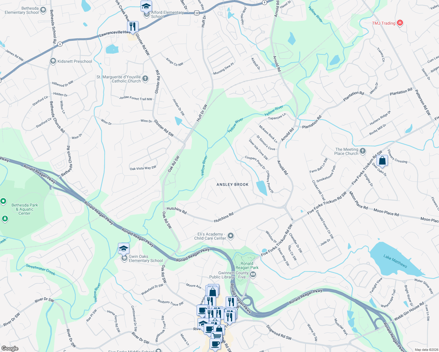 map of restaurants, bars, coffee shops, grocery stores, and more near 334 Ansley Brook Drive in Lawrenceville