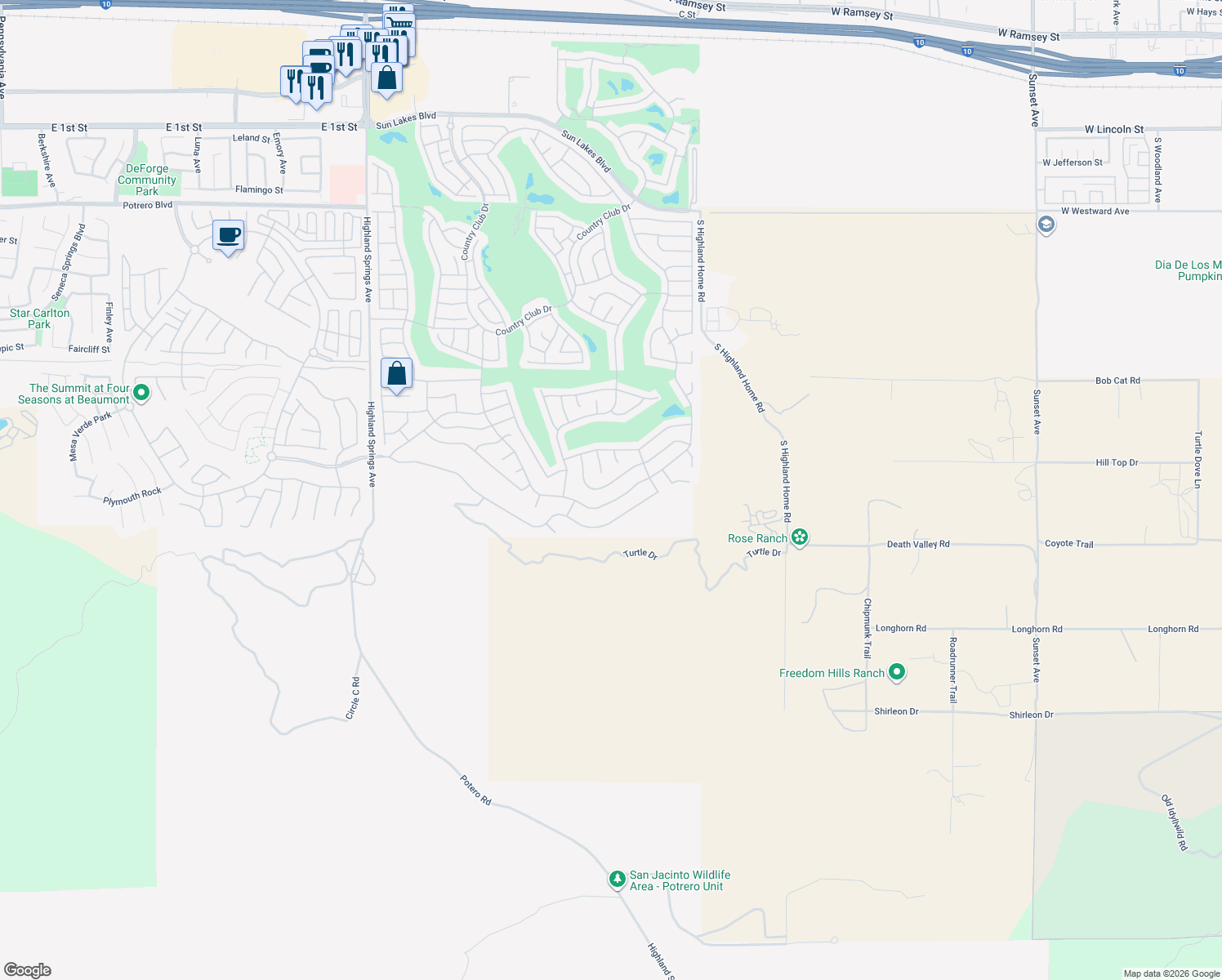 map of restaurants, bars, coffee shops, grocery stores, and more near 5089 Rio Bravo Drive in Banning
