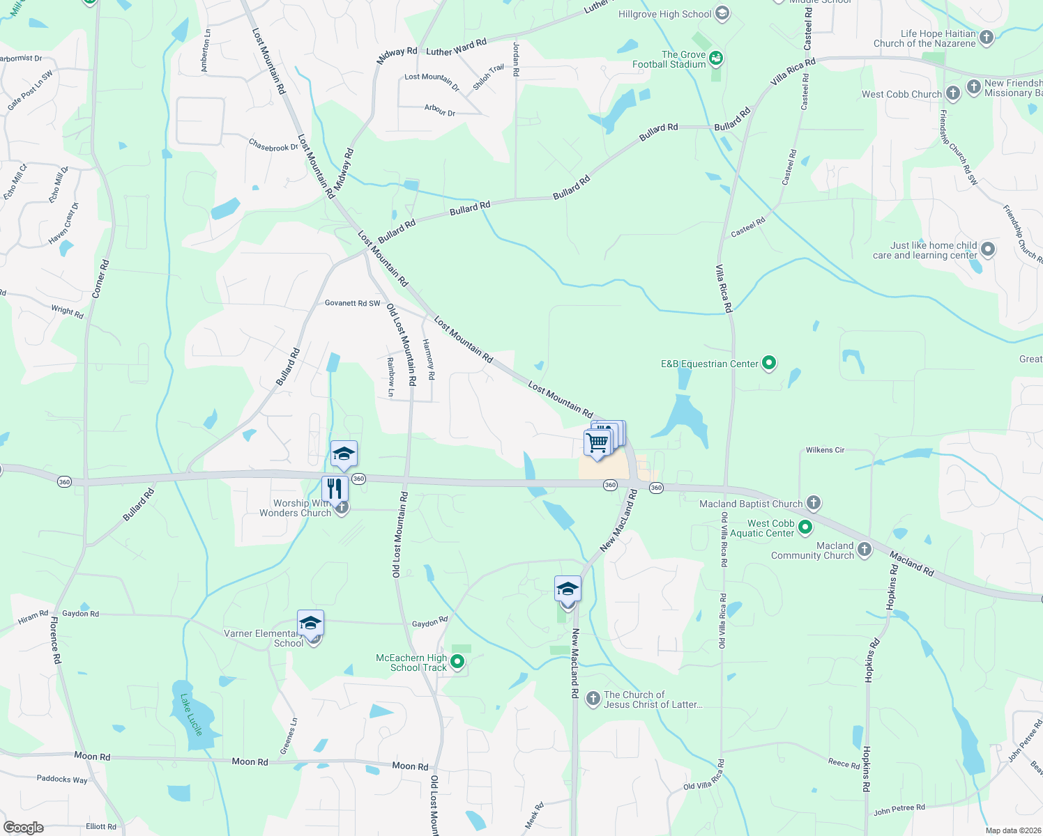 map of restaurants, bars, coffee shops, grocery stores, and more near 1945 Whitman Drive in Powder Springs