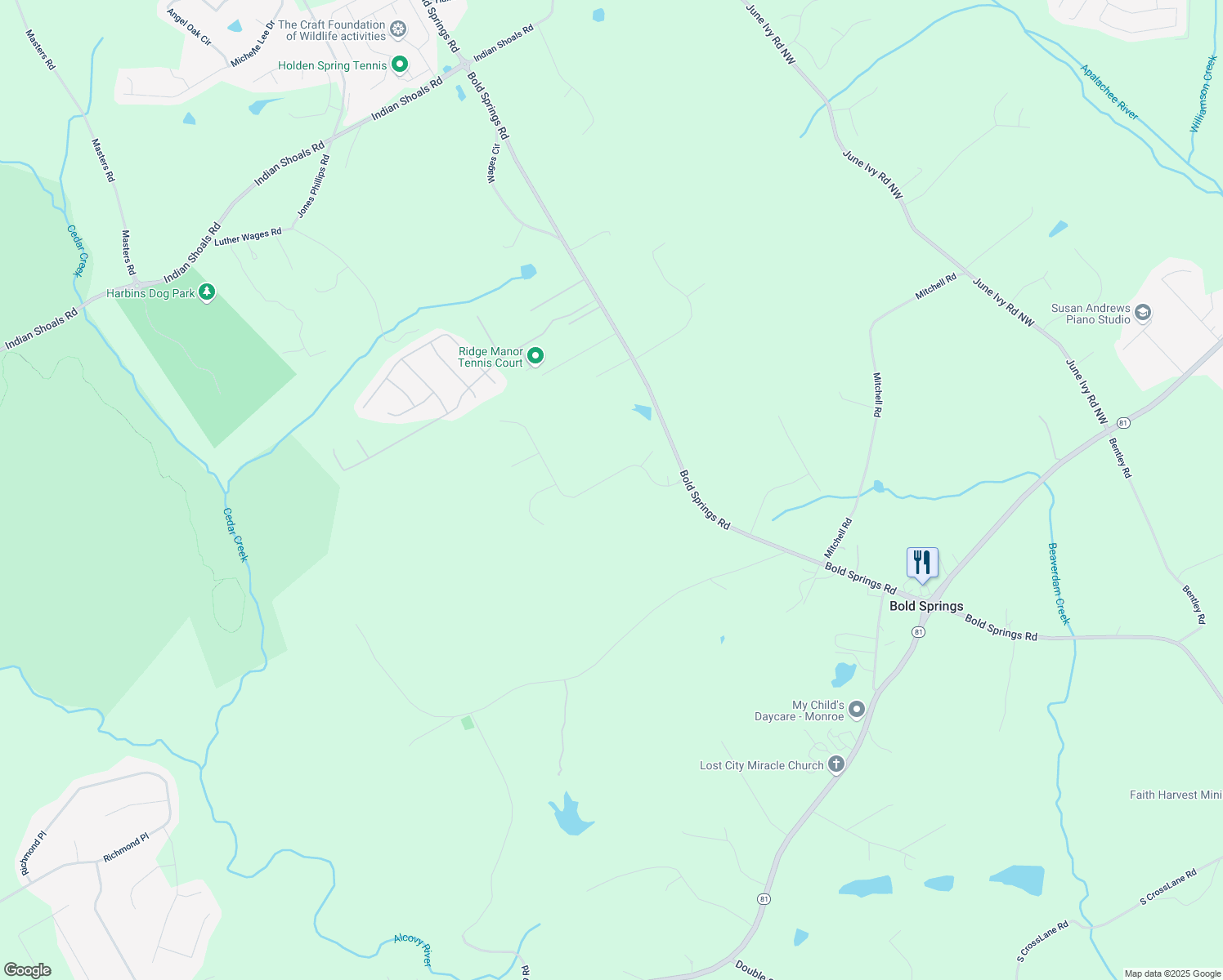 map of restaurants, bars, coffee shops, grocery stores, and more near 294 Ralph Still Road in Walton County