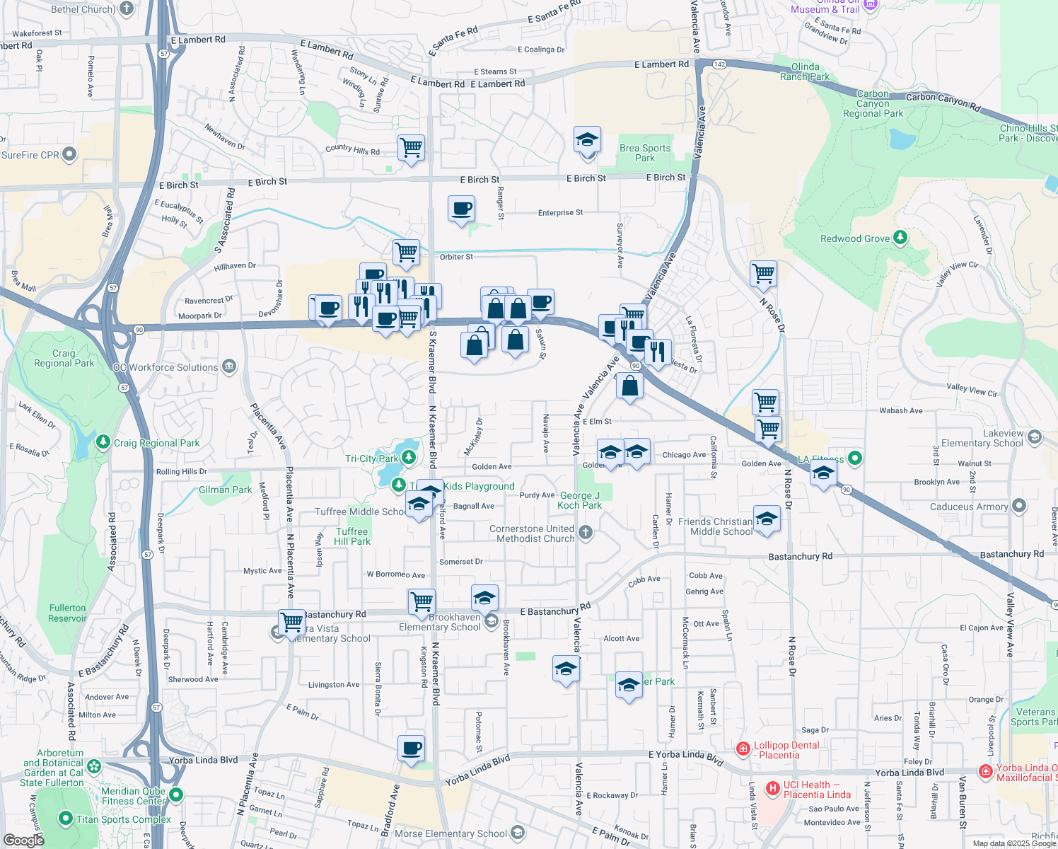 map of restaurants, bars, coffee shops, grocery stores, and more near 437 Cheyenne Place in Placentia