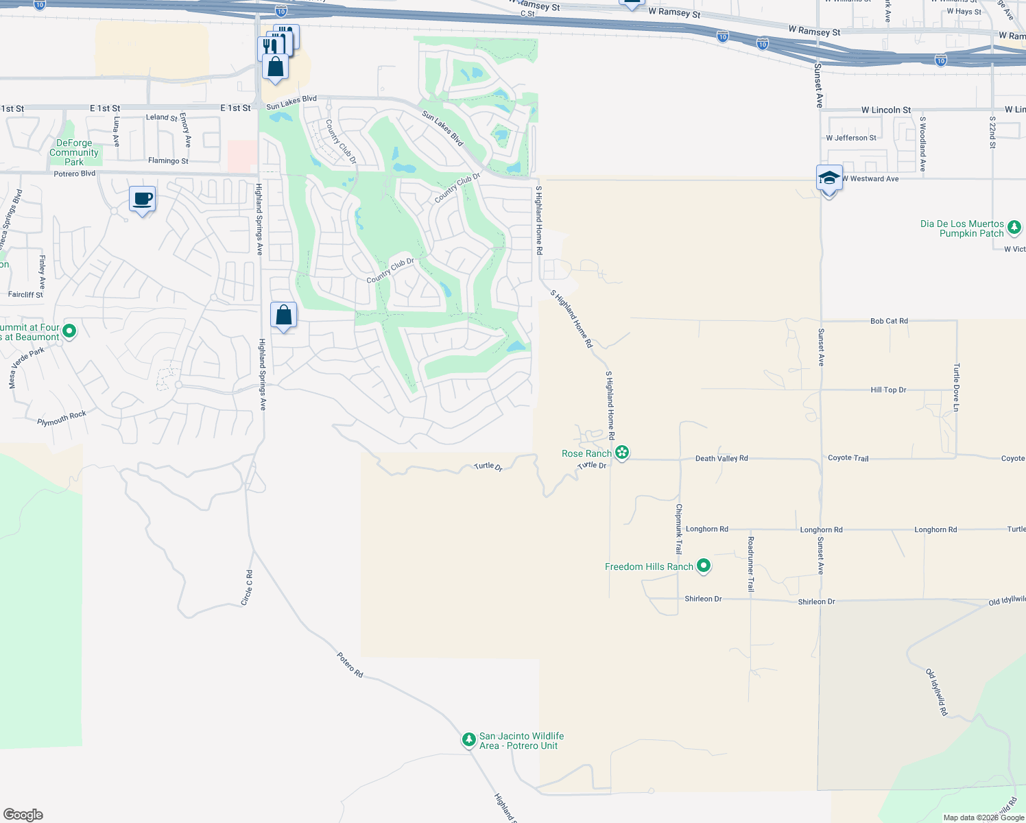 map of restaurants, bars, coffee shops, grocery stores, and more near 4840 Dove Hill Street in Banning