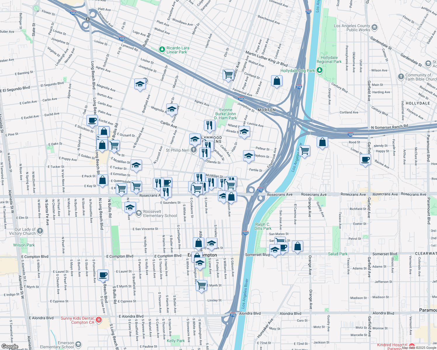 map of restaurants, bars, coffee shops, grocery stores, and more near 4625 East McMillan Street in Lynwood