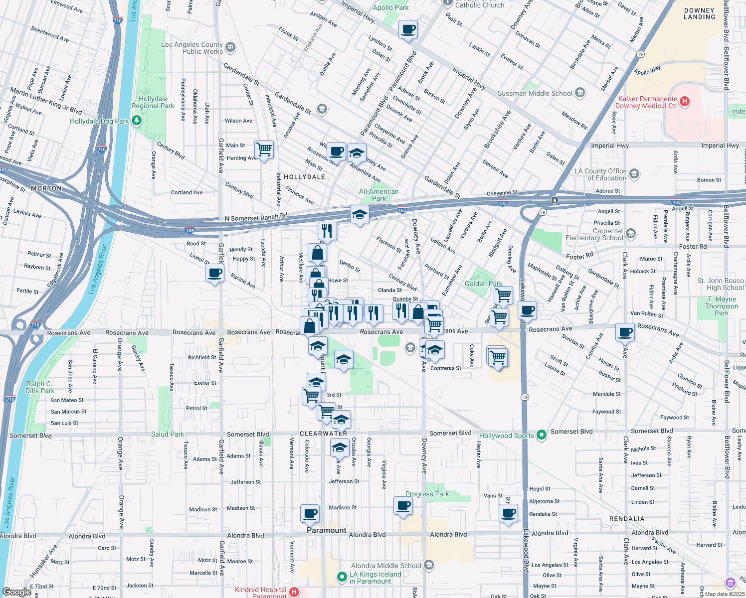 map of restaurants, bars, coffee shops, grocery stores, and more near Anderson Street in Paramount