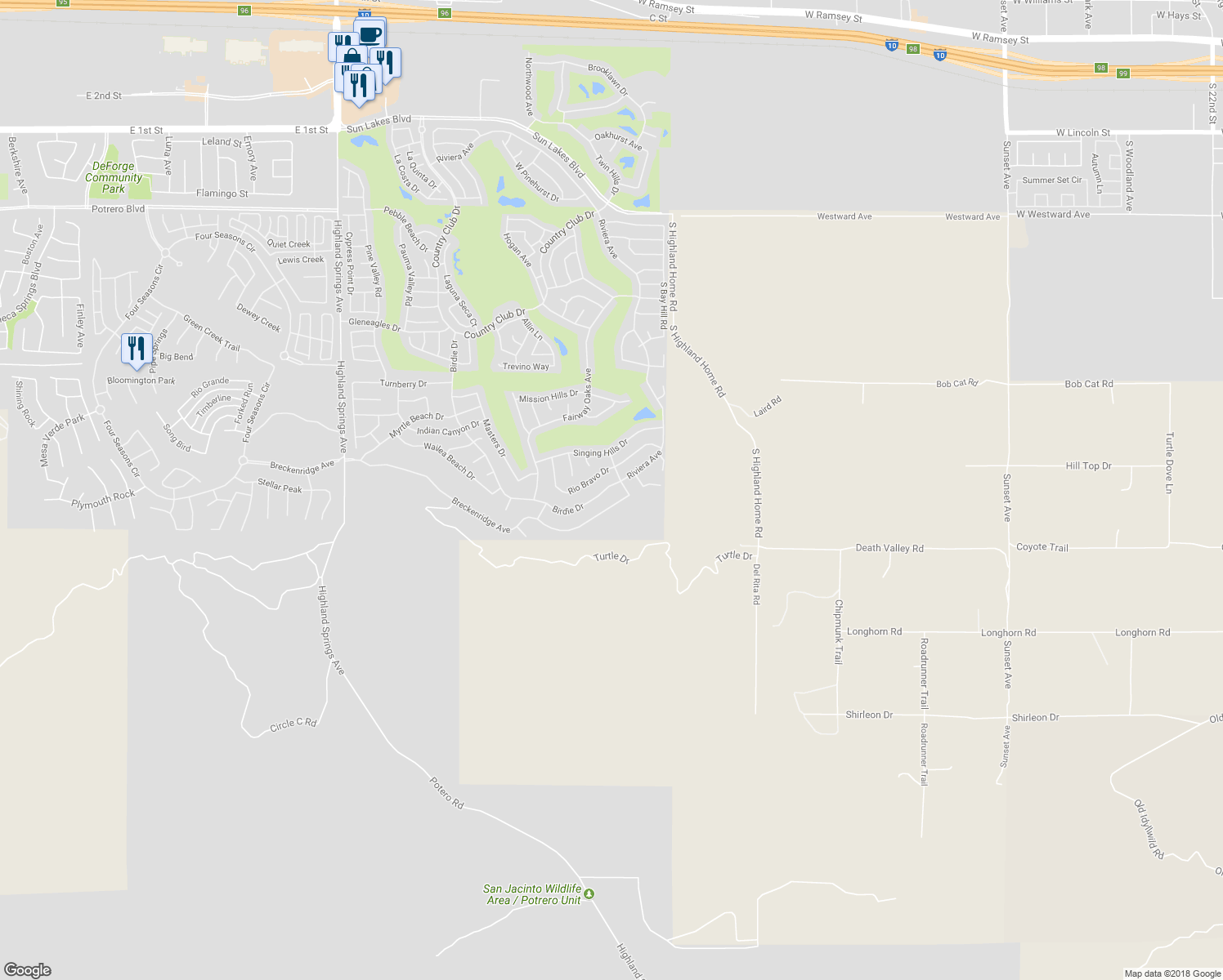 map of restaurants, bars, coffee shops, grocery stores, and more near 2124 Birdie Drive in Banning