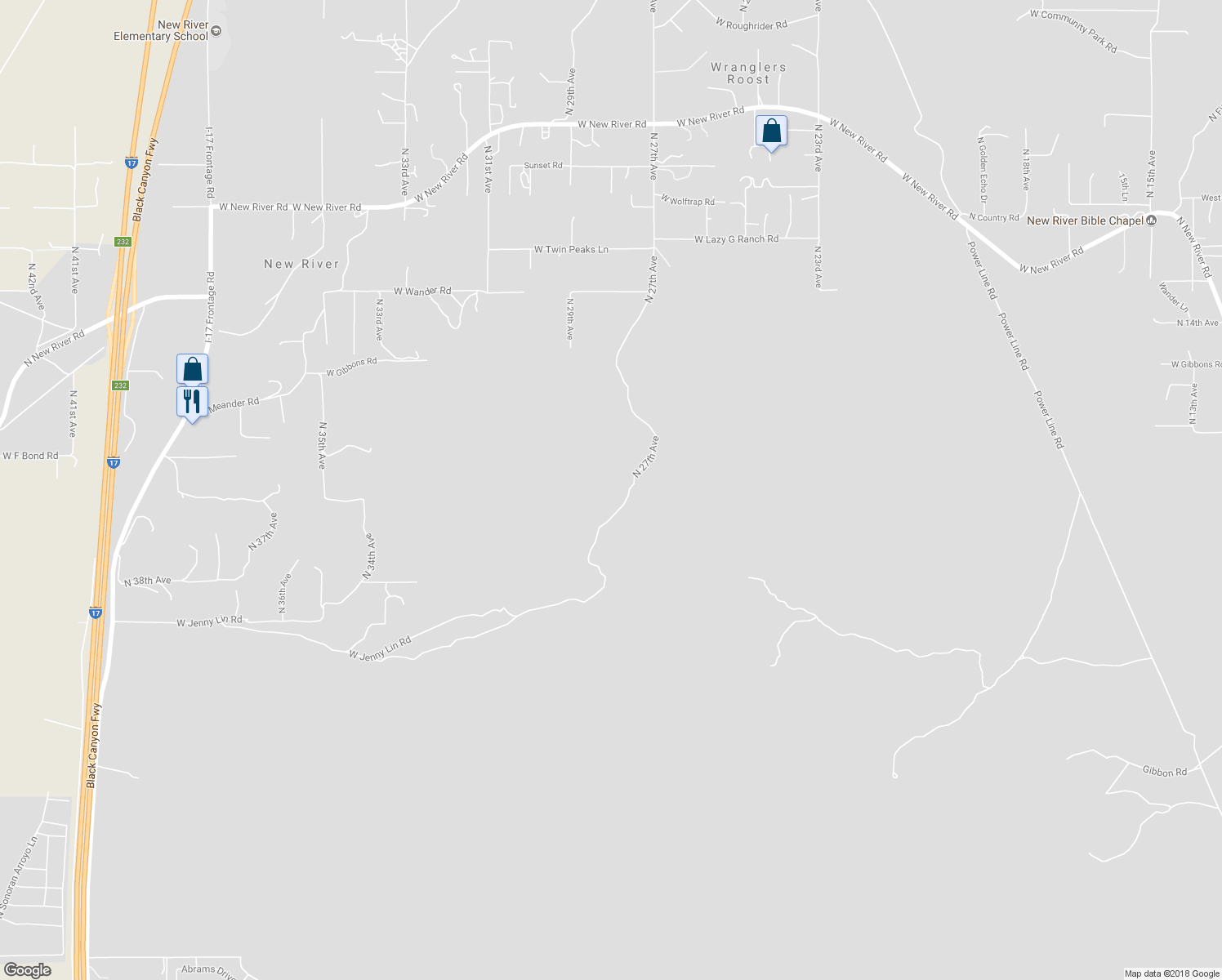 map of restaurants, bars, coffee shops, grocery stores, and more near 45466 North 27th Avenue in New River