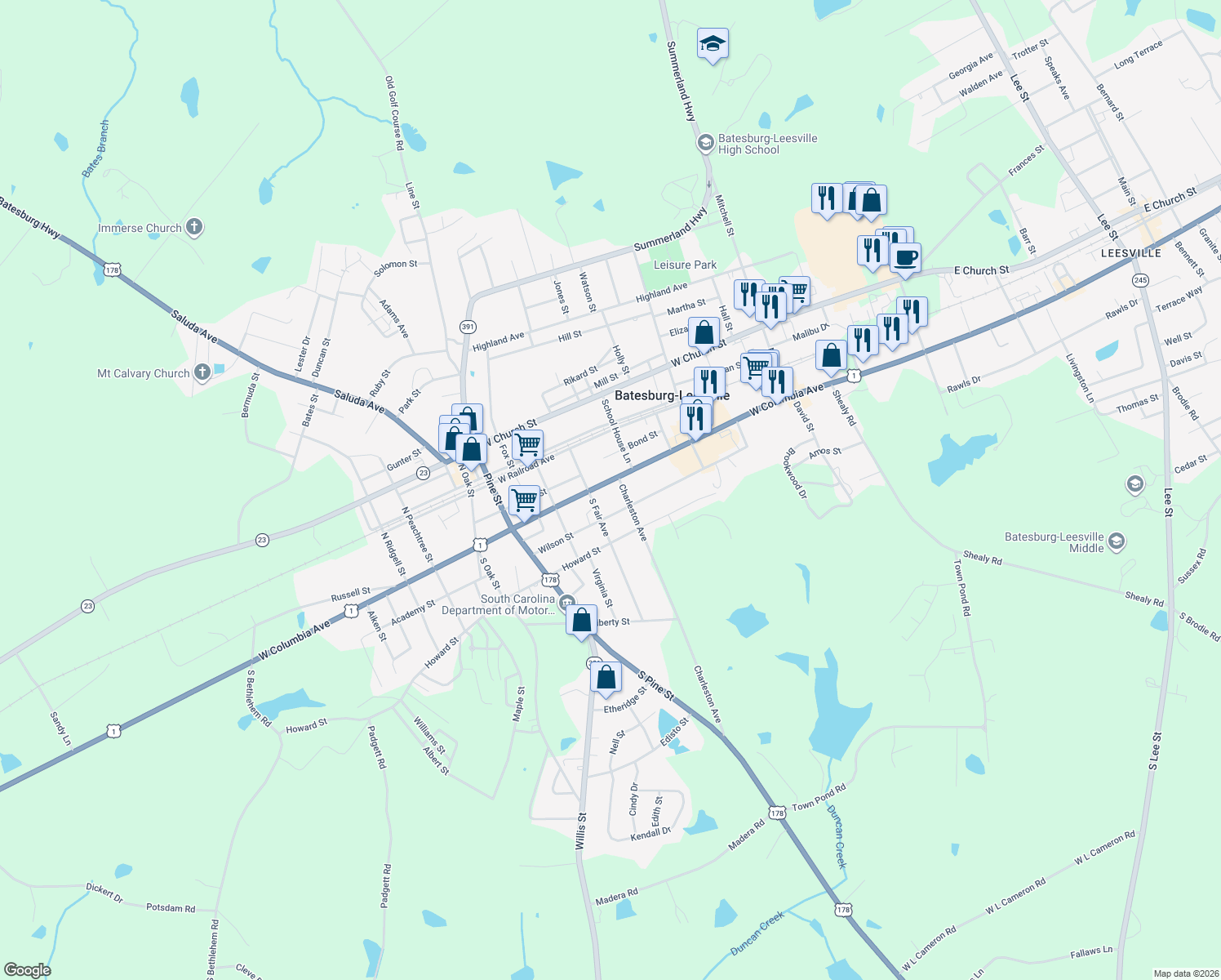 map of restaurants, bars, coffee shops, grocery stores, and more near 354 West Columbia Avenue in Batesburg-Leesville