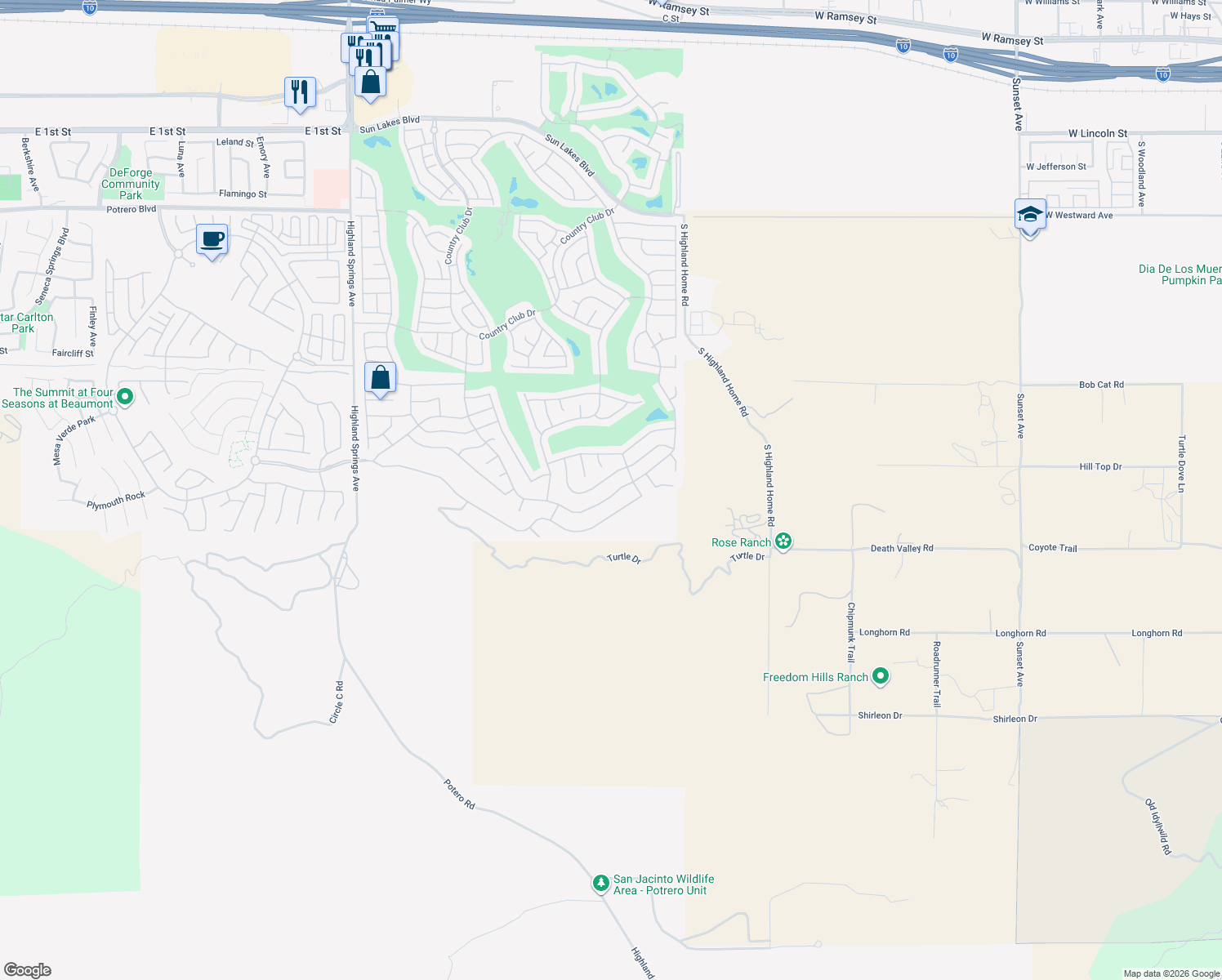 map of restaurants, bars, coffee shops, grocery stores, and more near 2141 Birdie Drive in Banning