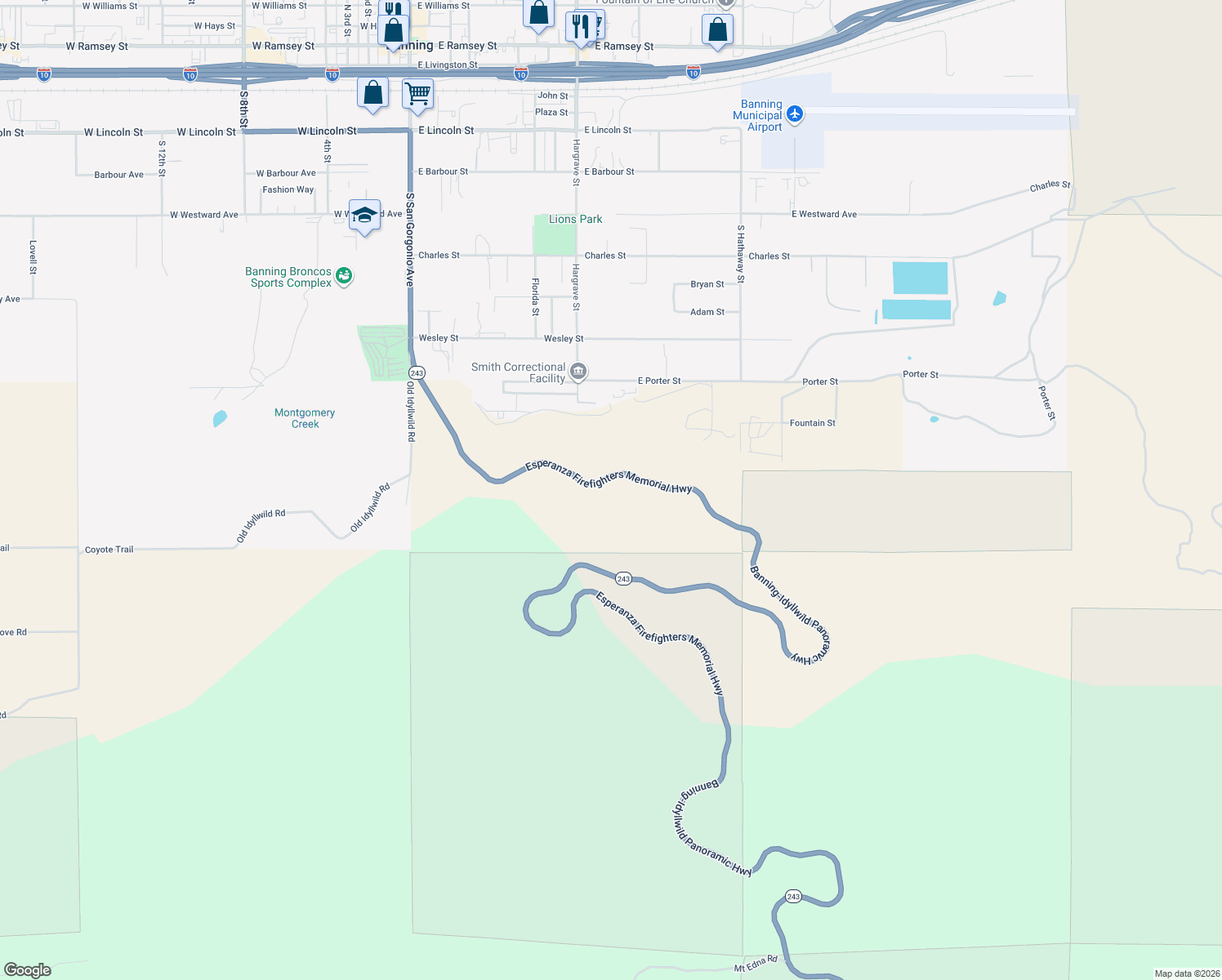 map of restaurants, bars, coffee shops, grocery stores, and more near in Banning
