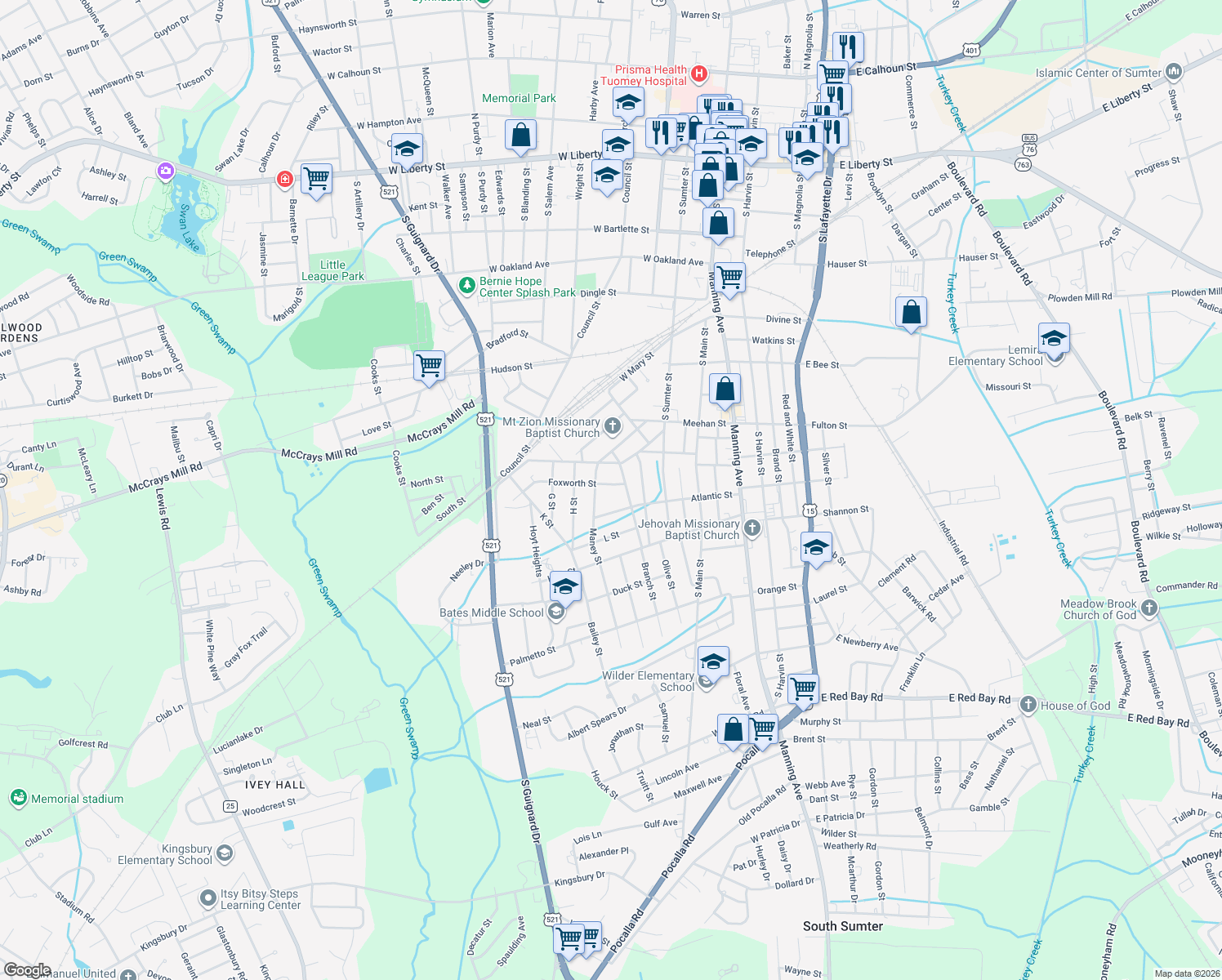 map of restaurants, bars, coffee shops, grocery stores, and more near 10 Foxworth Street in Sumter