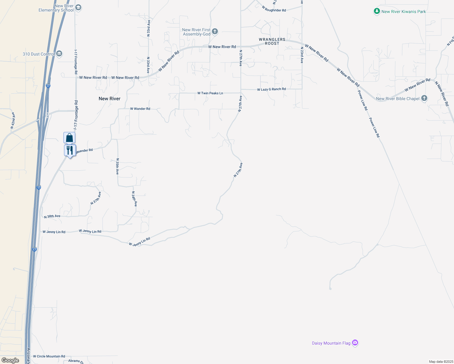 map of restaurants, bars, coffee shops, grocery stores, and more near 45466 North 27th Avenue in New River