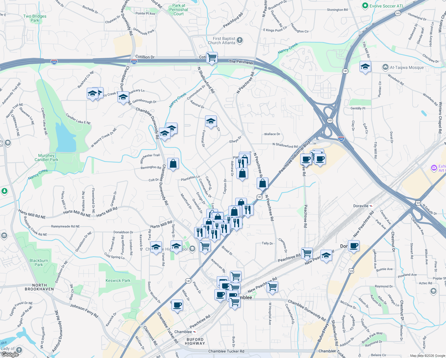 map of restaurants, bars, coffee shops, grocery stores, and more near 3874 Captain Drive in Atlanta