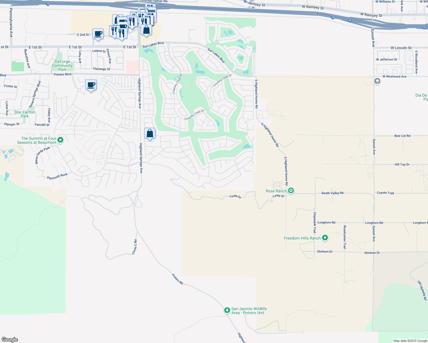 map of restaurants, bars, coffee shops, grocery stores, and more near 5137 Rio Bravo Drive in Banning