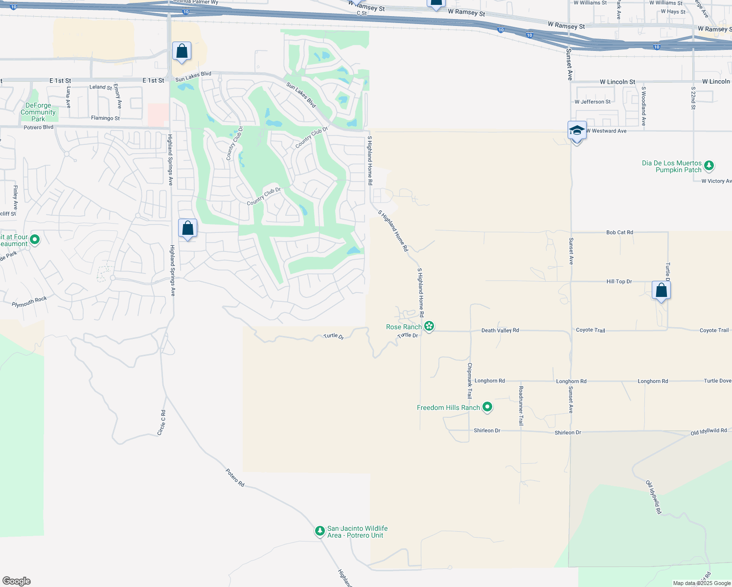 map of restaurants, bars, coffee shops, grocery stores, and more near 4871 Dove Hill Street in Banning