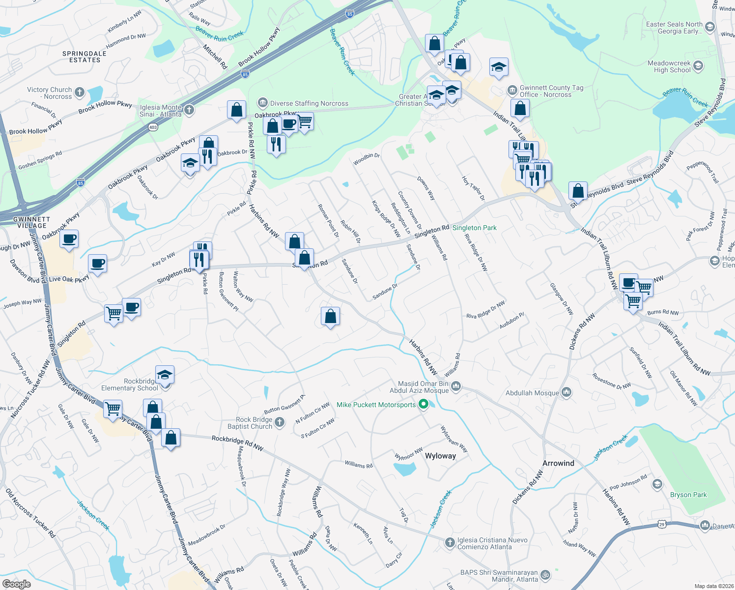 map of restaurants, bars, coffee shops, grocery stores, and more near 944 Sandune Dr in Norcross