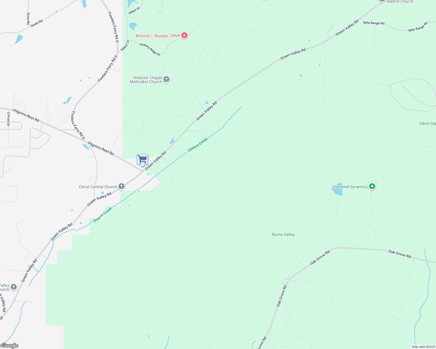 map of restaurants, bars, coffee shops, grocery stores, and more near 1509 Green Valley Road in Gadsden