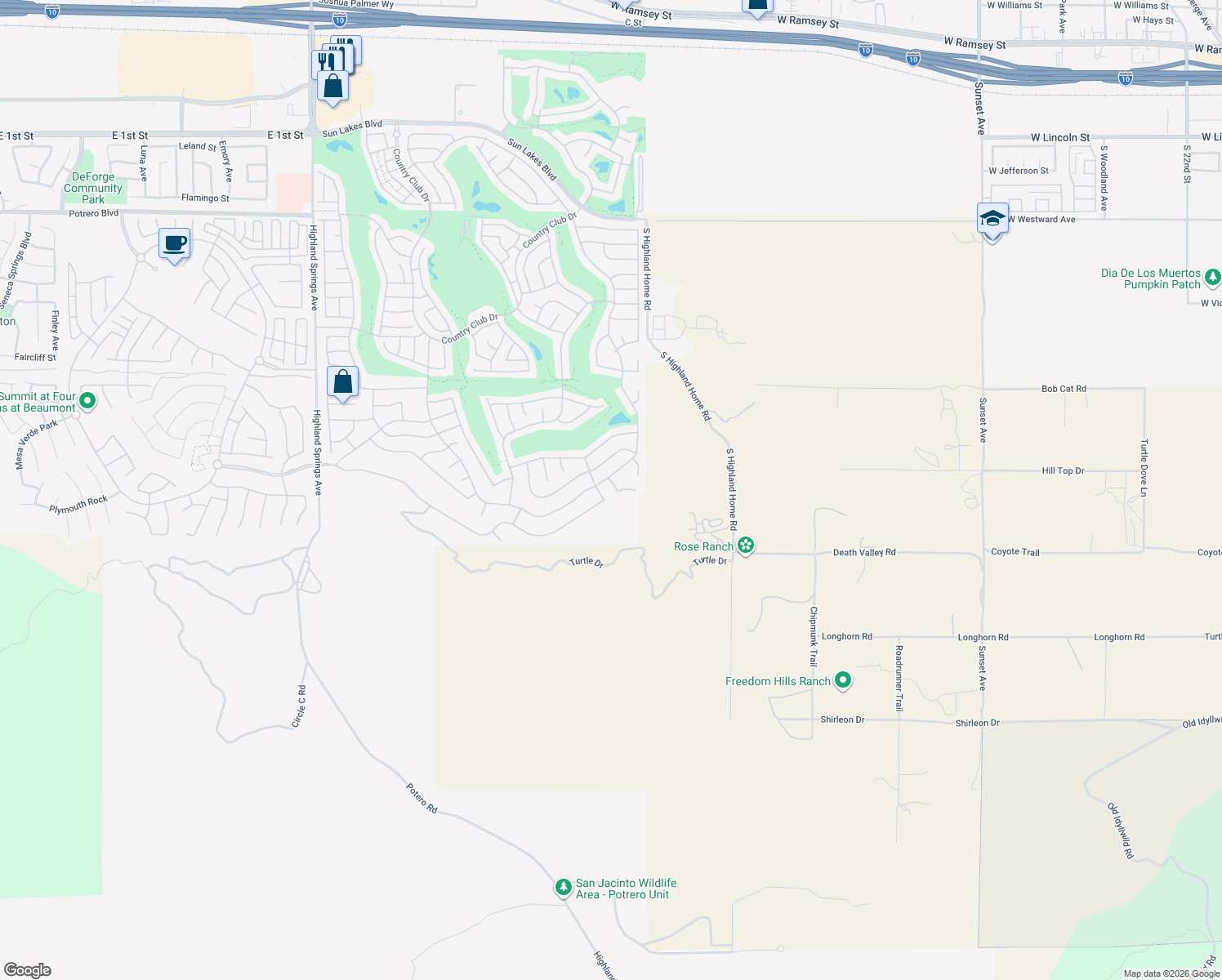map of restaurants, bars, coffee shops, grocery stores, and more near 4840 Dove Hill Street in Banning