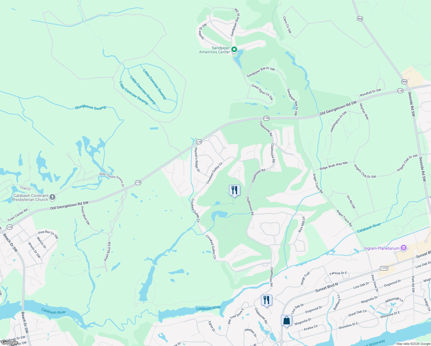 map of restaurants, bars, coffee shops, grocery stores, and more near 308 Crooked Gulley Circle in Sunset Beach
