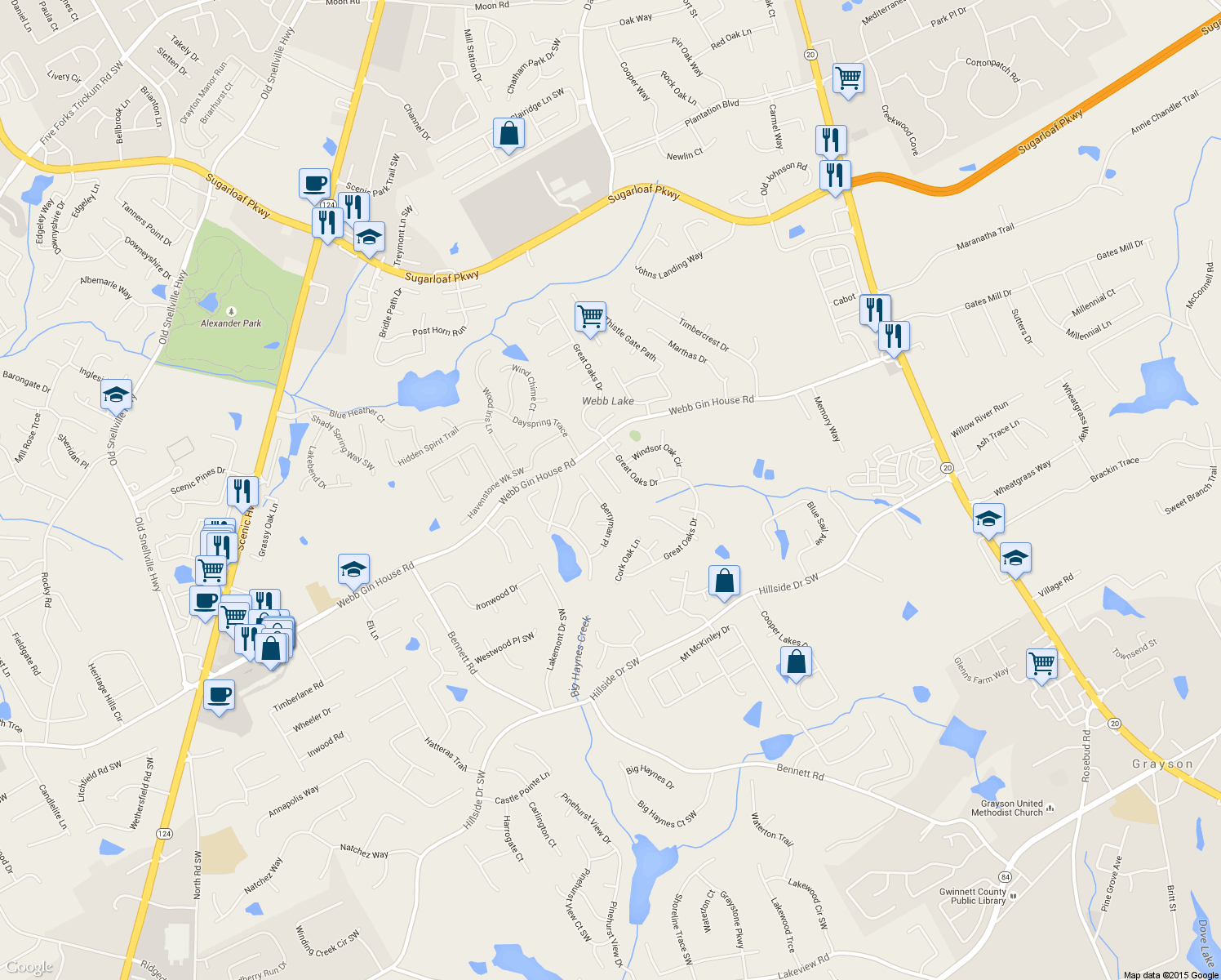 map of restaurants, bars, coffee shops, grocery stores, and more near 945 Common Oak Pl in Lawrenceville