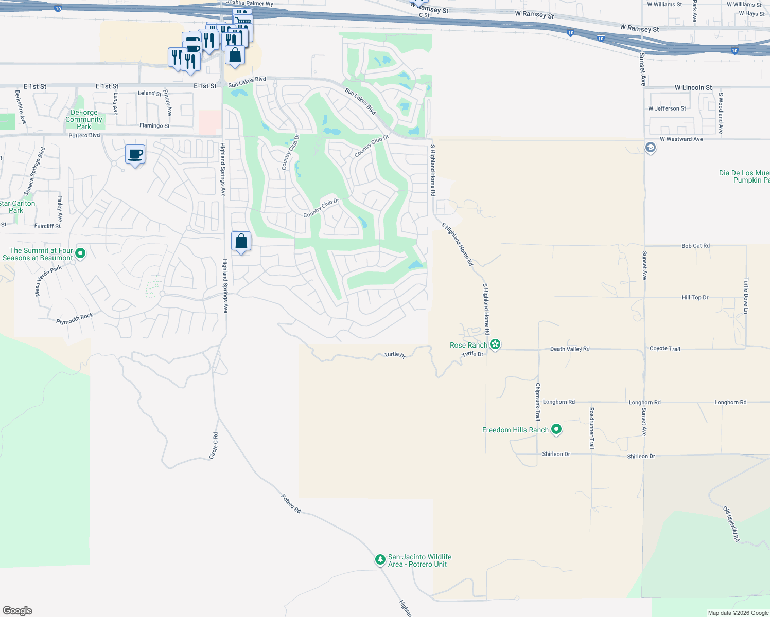 map of restaurants, bars, coffee shops, grocery stores, and more near 5089 Rio Bravo Drive in Banning