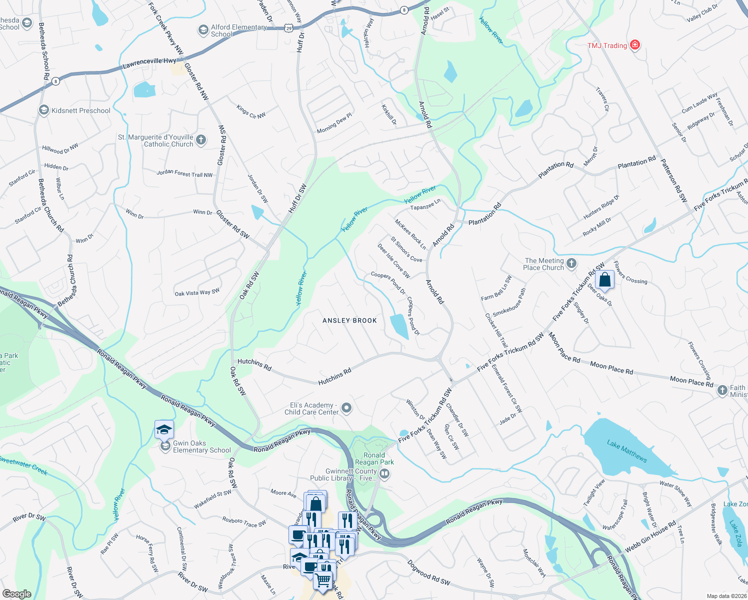 map of restaurants, bars, coffee shops, grocery stores, and more near 236 Coopers Pond Dr in Lawrenceville