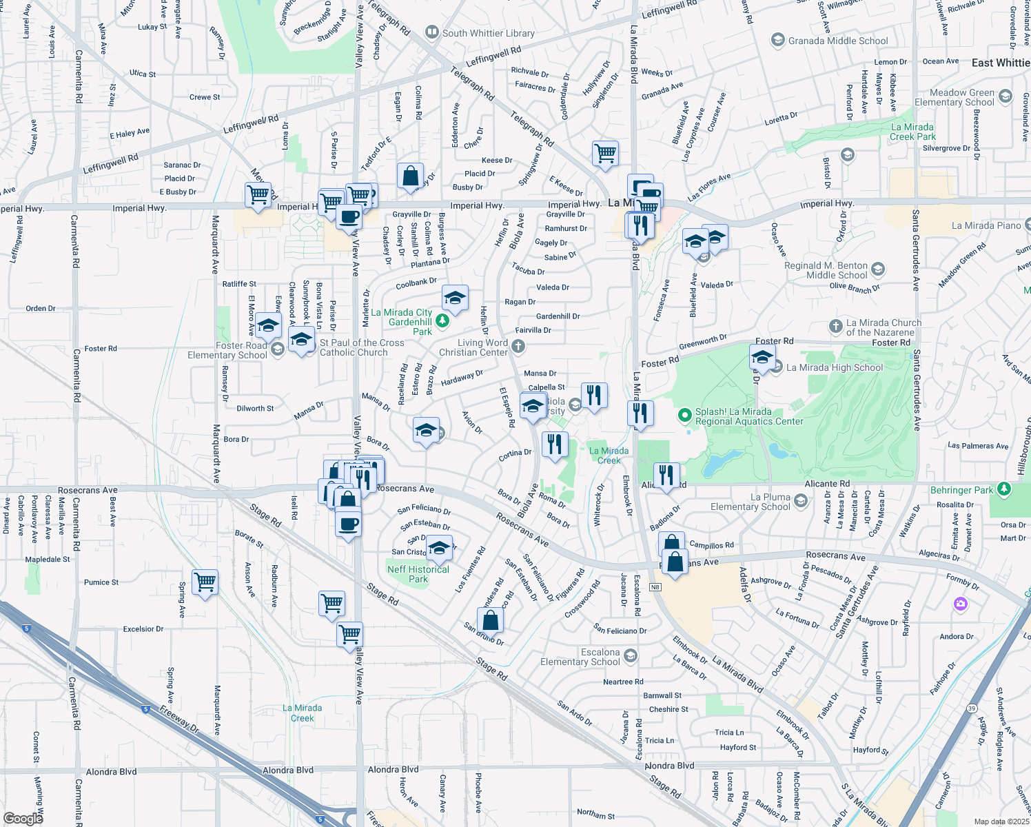 map of restaurants, bars, coffee shops, grocery stores, and more near 13708 El Espejo Road in La Mirada