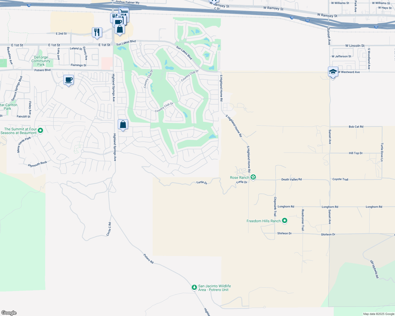 map of restaurants, bars, coffee shops, grocery stores, and more near 2124 Birdie Drive in Banning