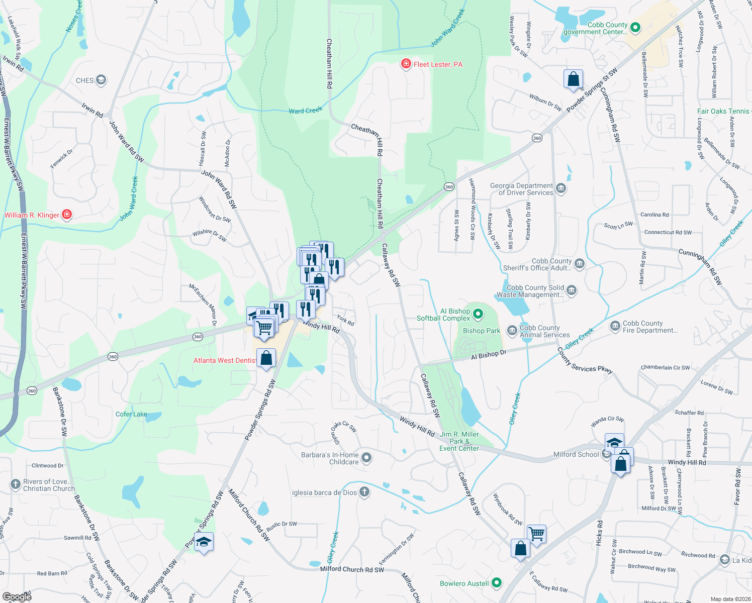map of restaurants, bars, coffee shops, grocery stores, and more near 1500 Kolb Ridge Dr SW in Marietta