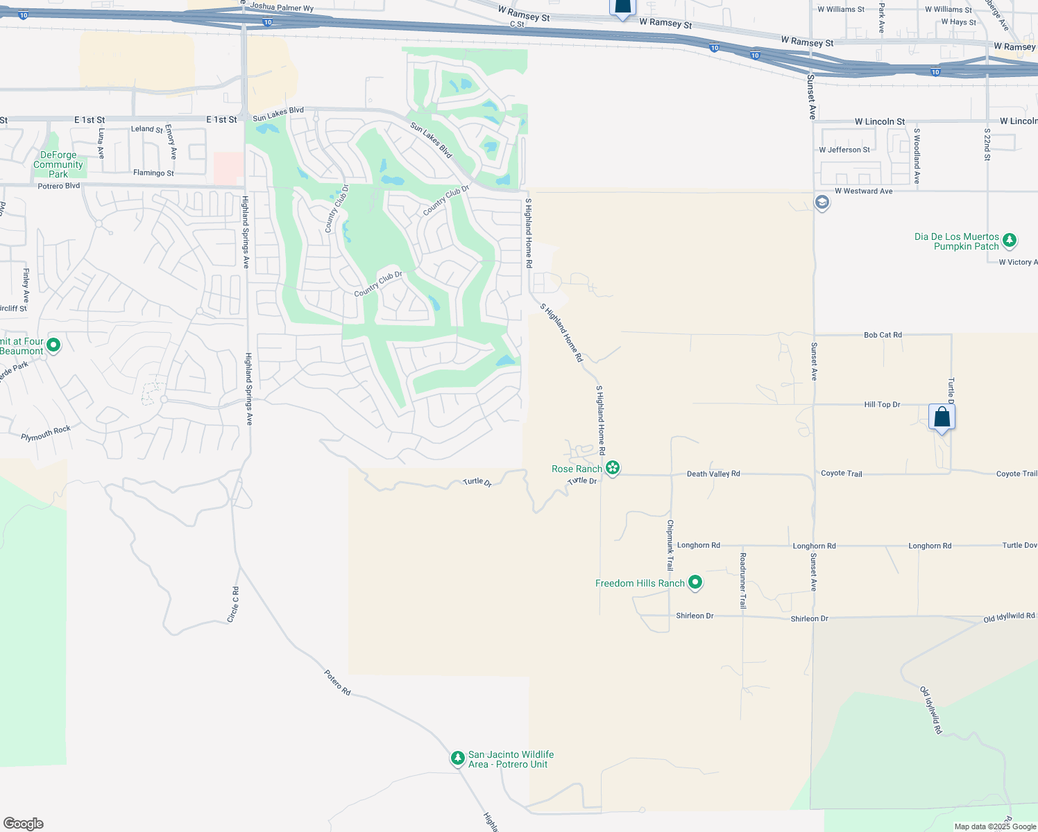 map of restaurants, bars, coffee shops, grocery stores, and more near 4871 Dove Hill Street in Banning