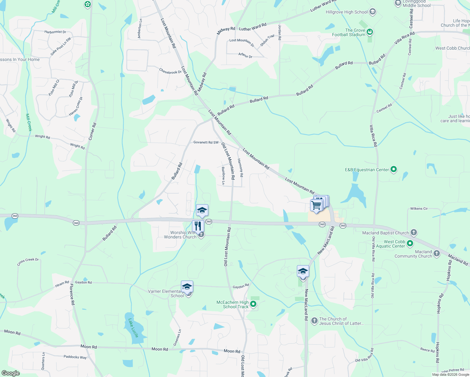 map of restaurants, bars, coffee shops, grocery stores, and more near 4555 Tranquil Ln in Powder Springs