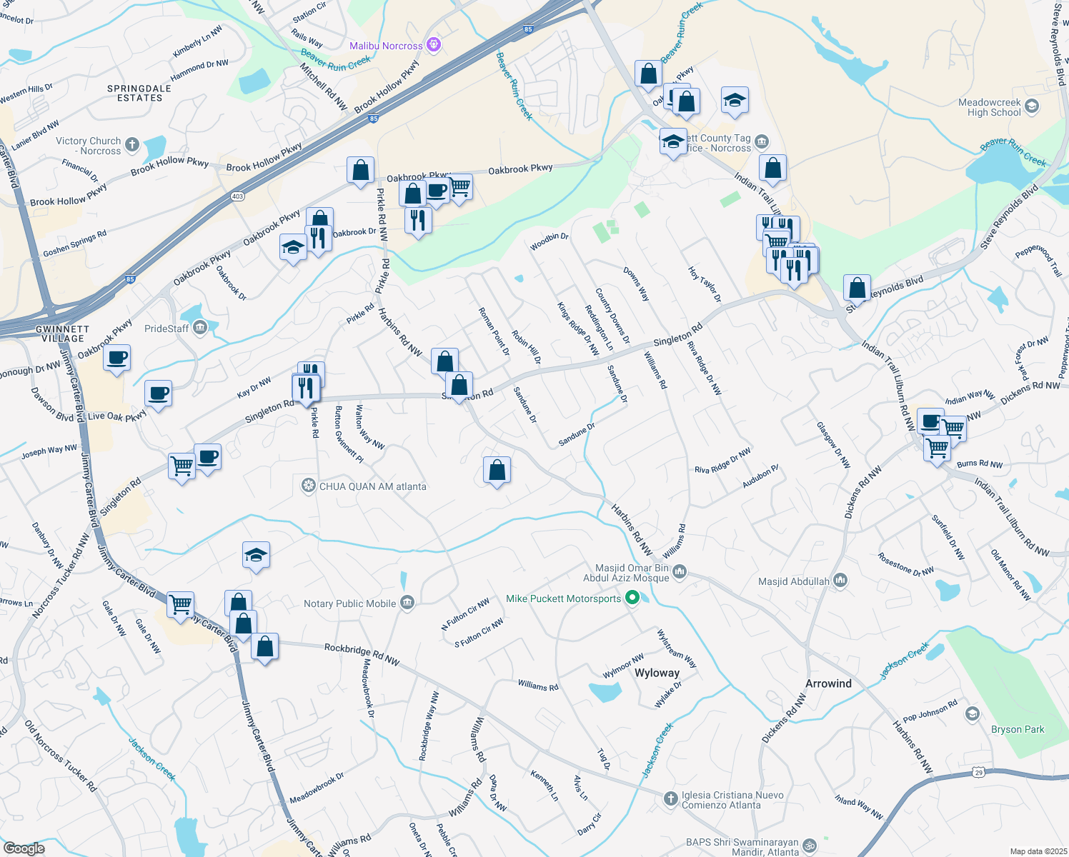 map of restaurants, bars, coffee shops, grocery stores, and more near 893 Sandune Drive in Norcross